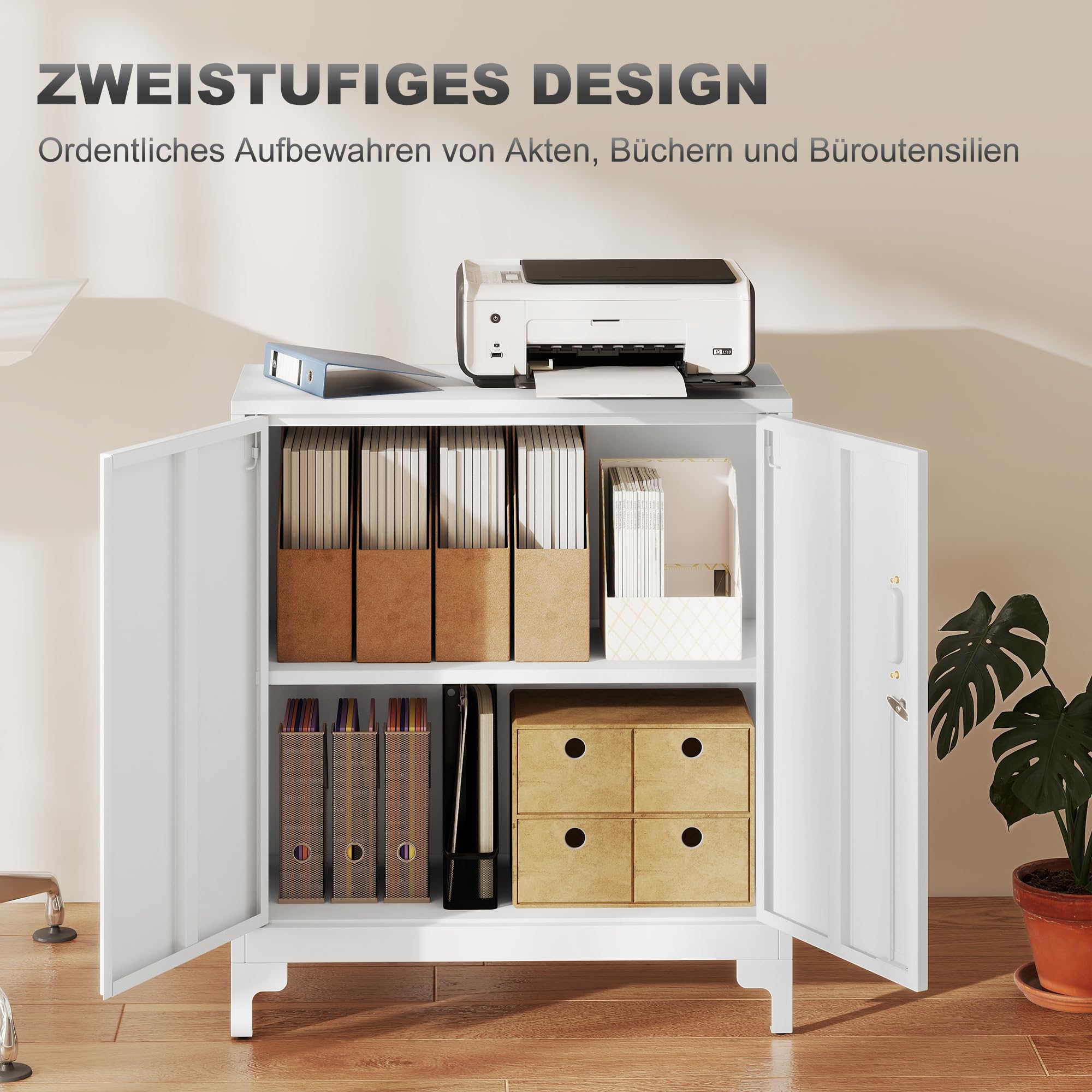 HOMCOM Aktenschrank Büroschrank Abschließbar Mehrzweckschrank mit 2 Ebenen, 2 Türen, Metallschrank Aufbewahrungsschrank Allzweckschrank 80 x 35 x 91 cm Weiß