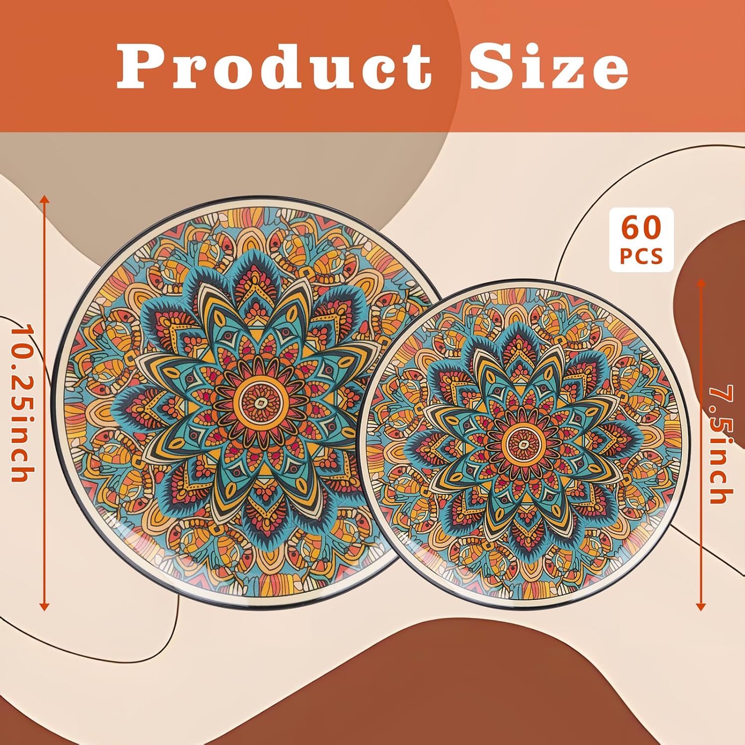 60PCS Bohemian Plastic Plates - Boho Plate Disposable - Vintage Bohemian Style Plate Include 30 Dinner and 30 Dessert Plates for Kitchen Party Decorative