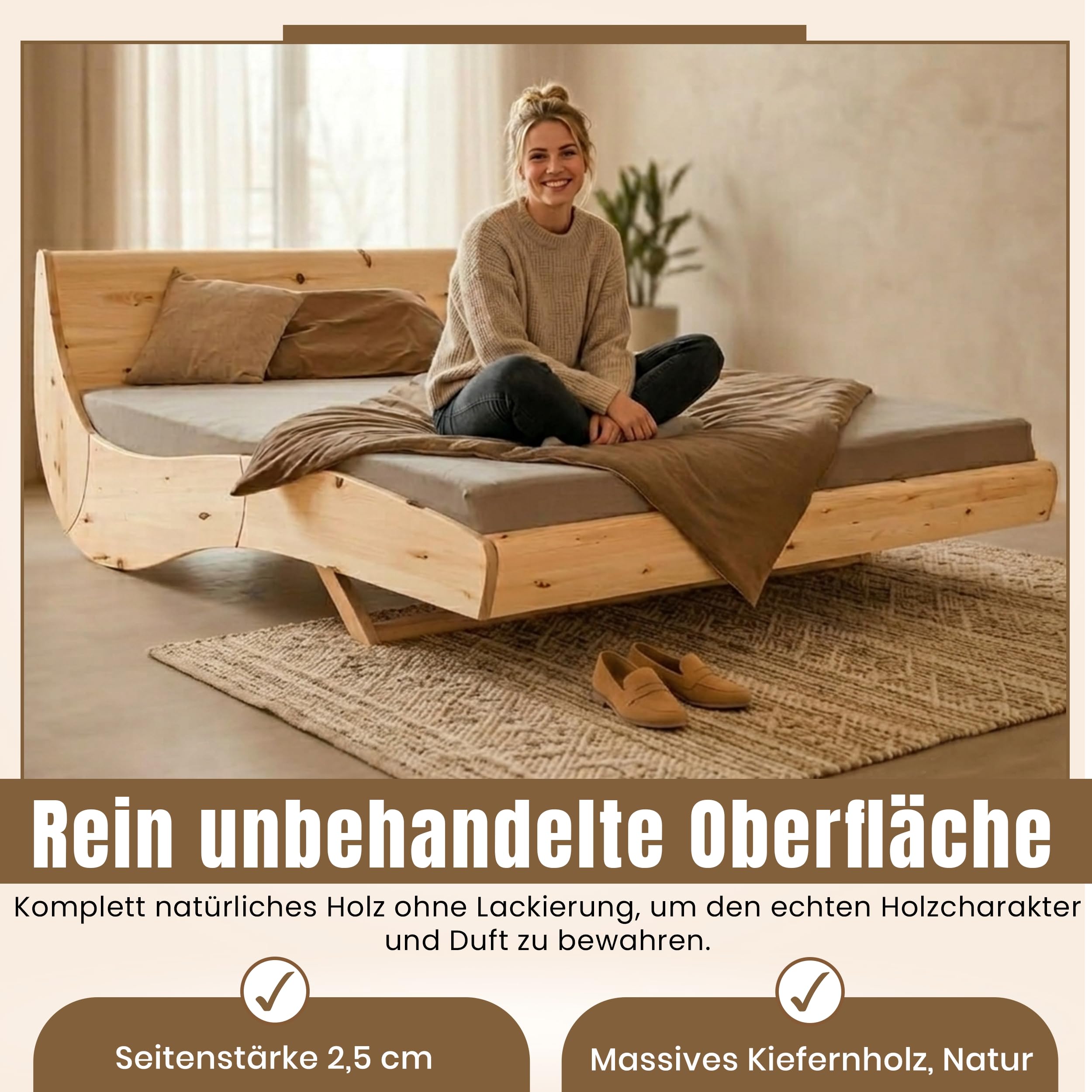 Geborgenschlafen FLESSA Massivholzbett 180 x 200 cm | Schwebebett aus unbehandeltem Zirbenholz mit verborgenem Rahmen | höhenverstellbar 31–39,5 cm | holzbett inkl. GS-Start Lattenrost