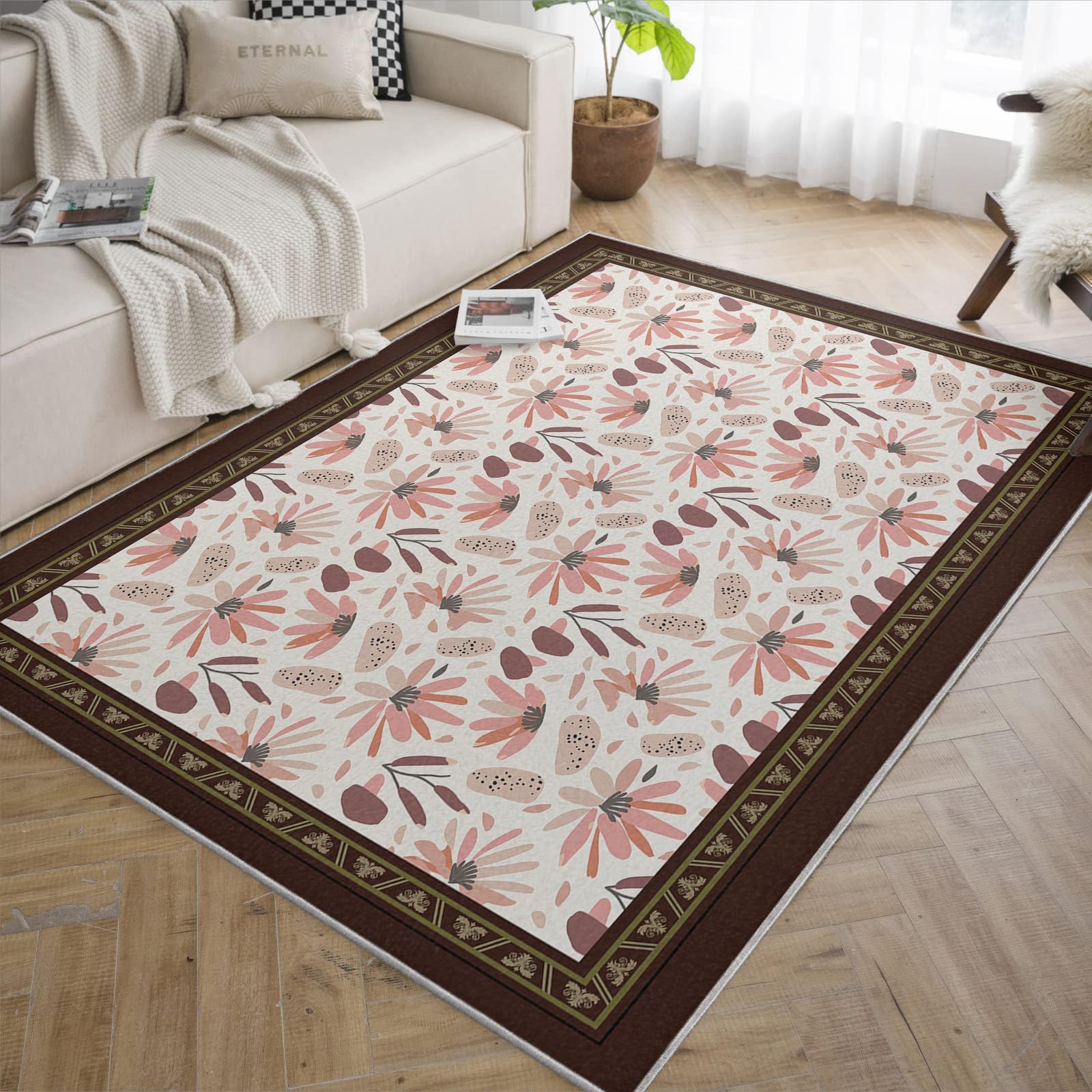 Dywan Area 200 x 300 cm, duży, miękki, do wnętrz, styl boho, rustykalny, botaniczny, z antypoślizgowym gumowym podkładką, do pokoju dziecięcego, biura, sypialni, wypalony pomarańczowy