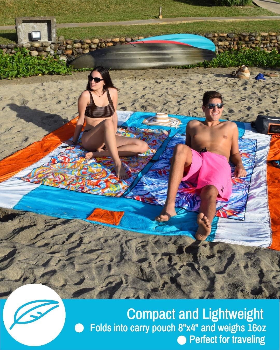 ECCOSOPHY Sandproof Beach Blanket - Oversized Sand Free Beach Mat 9'x10' - Lightweight Outdoor Picnic Blanket Anchored with 4 Corner Sand Pockets & Plastic Stakes - Heat Proof, Quick Drying & Compact - Image 3