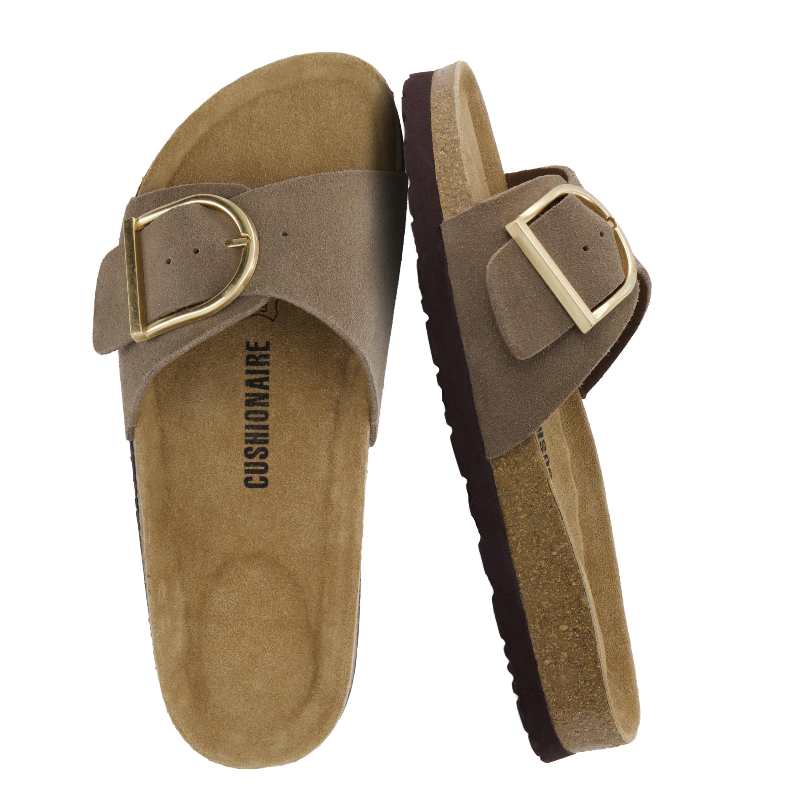 CUSHIONAIRE Leeds 100% Genuine Leather Suede Womens Sandals, Comfortable Slides for Women with Adjustable Statement Buckle - 1
