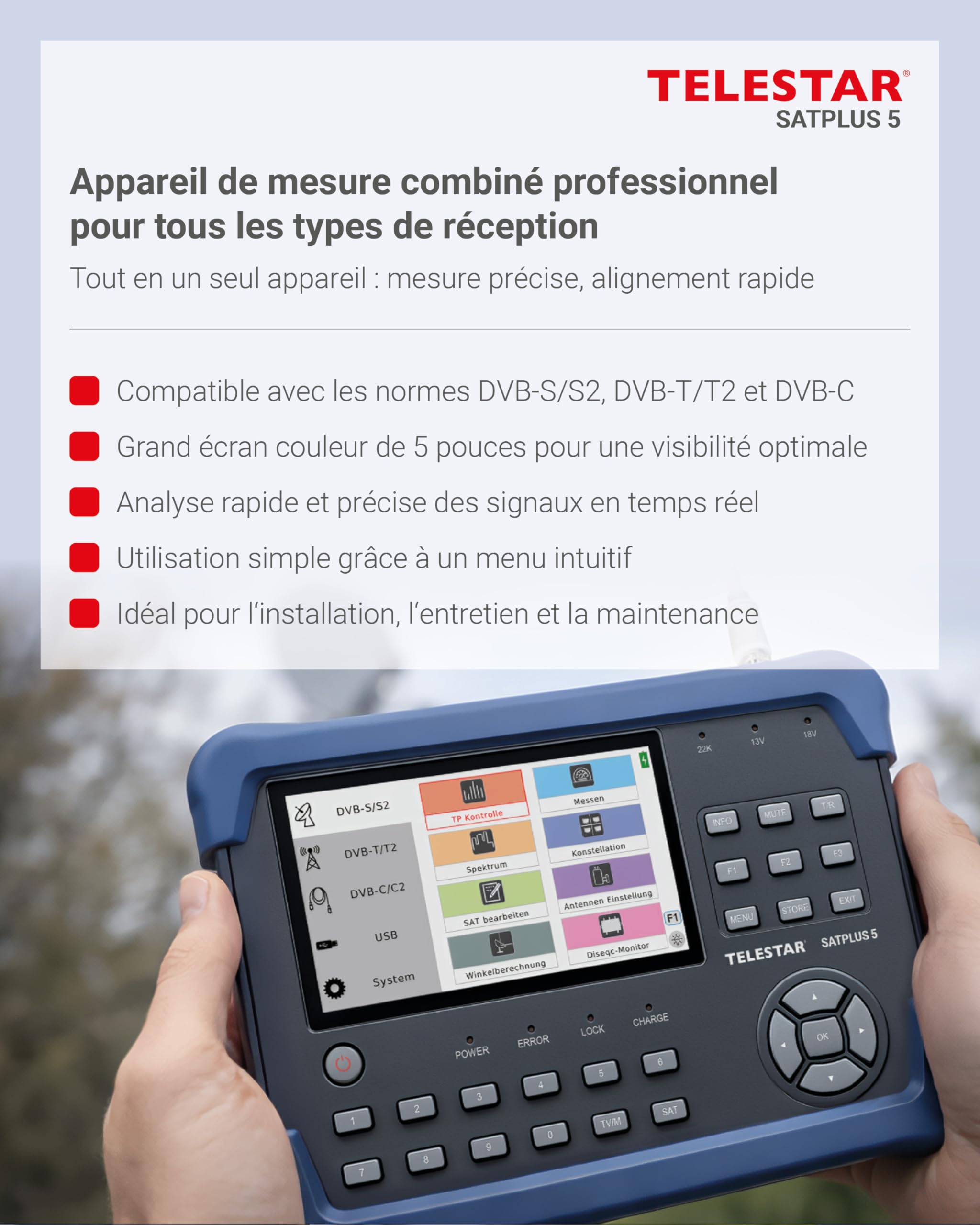 TELESTAR SATPLUS 5 – Appareil de Mesure Sat (pour DVB-S/DVB-S2/DVB-C/DVB-T2, Unicable, écran 5″, TV en Direct)