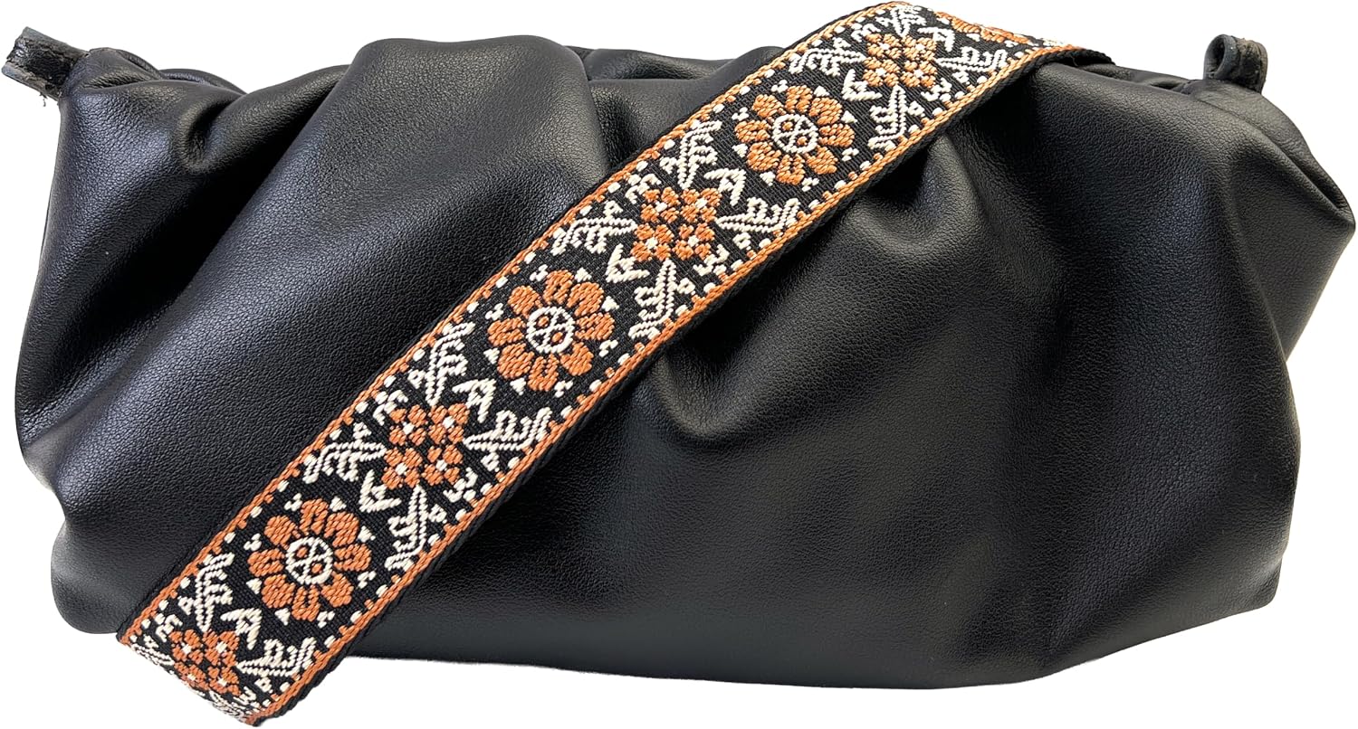 Black Beige Brown Boho Floral Purse Strap with Bronze Hardware 1-1/2 Inch Wide Replacement Crossbody Guitar Style Shoulder Strap for Handbags Totes