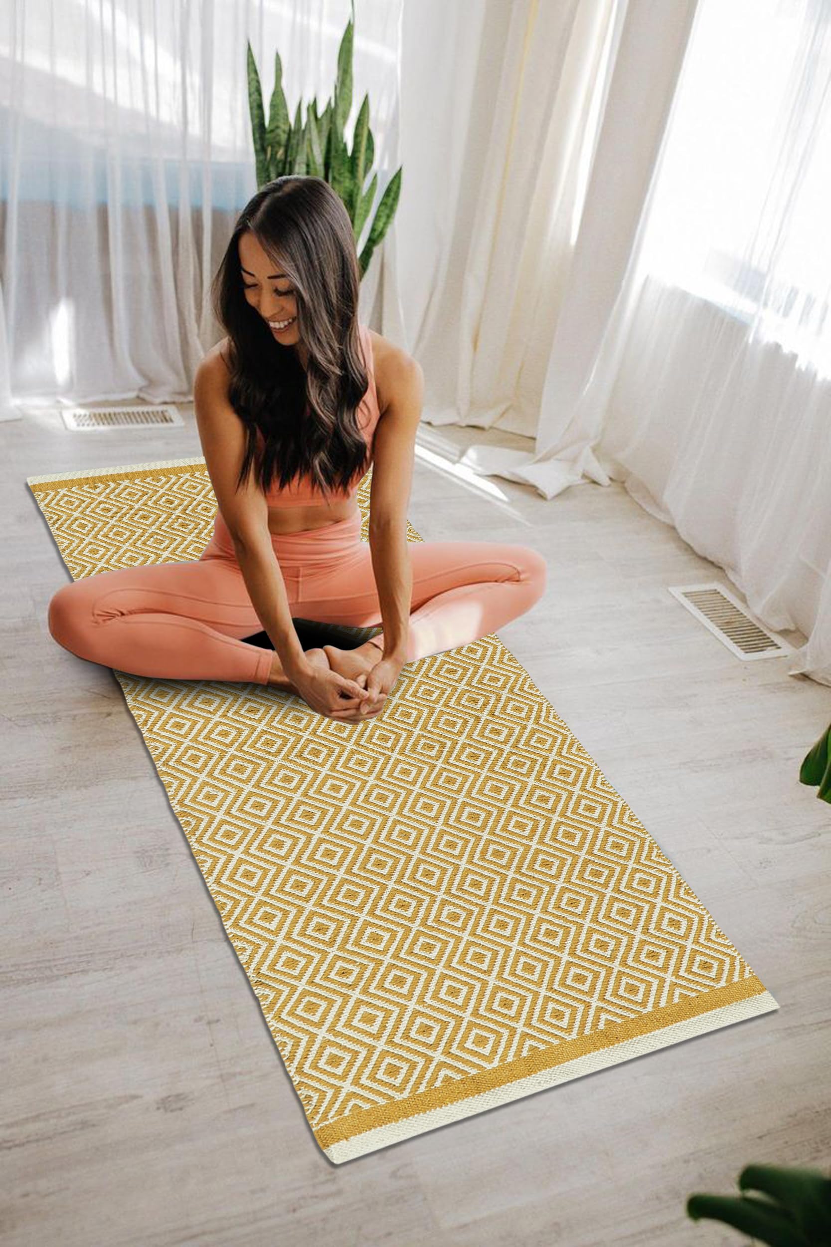 ALSTONIA Handmade Organic Natural Cotton Reversible Yoga Mat/Yoga Rug/Exercise, Workout, & Fitness Rug Made of 100% Cotton Designer Absorbent & Washable,Size- 22x60 Inches (Yellow Diamond)-image-37