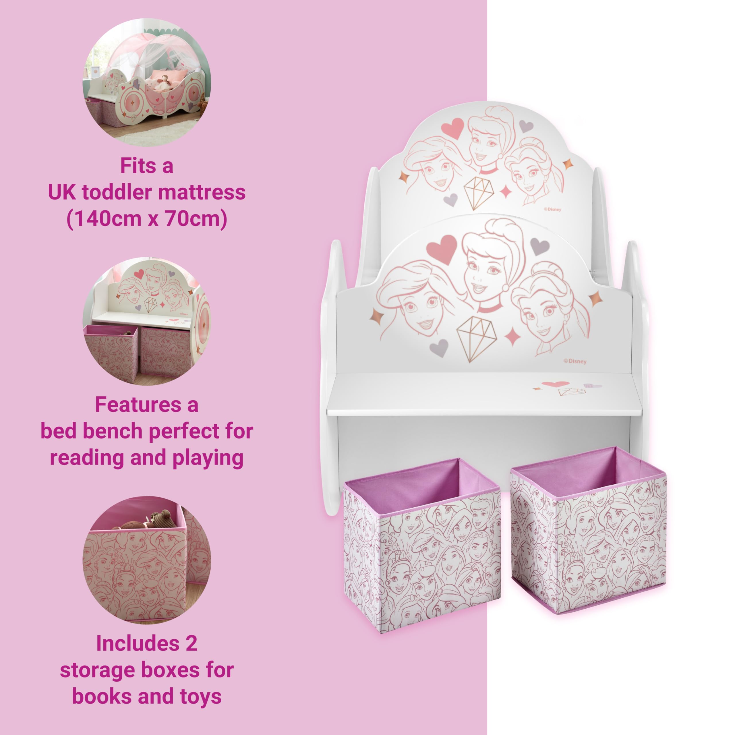 Disney Lit pour Tout-Petits : Construction Robuste en Bois d'ingénierie, côtés protégés, Lattes en Bois, s'adapte aux Matelas de 140 cm x 70 cm (Matelas Non Inclus) – Carrosse de Princesse