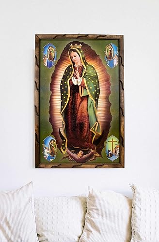 Miniatura 3 de Mrcjsales imagen de Nuestra Señora de Guadalupe con imágenes en la esquina en marco rústico, pintura al óleo, 24 x 36 pulgadas, 13 x 18 pulgadas, 10