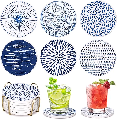Juego de 6 posavasos absorbentes redondos de cerámica para bebidas, posavasos bohemios azules modernos con soporte para decoración de mesa auxiliar,