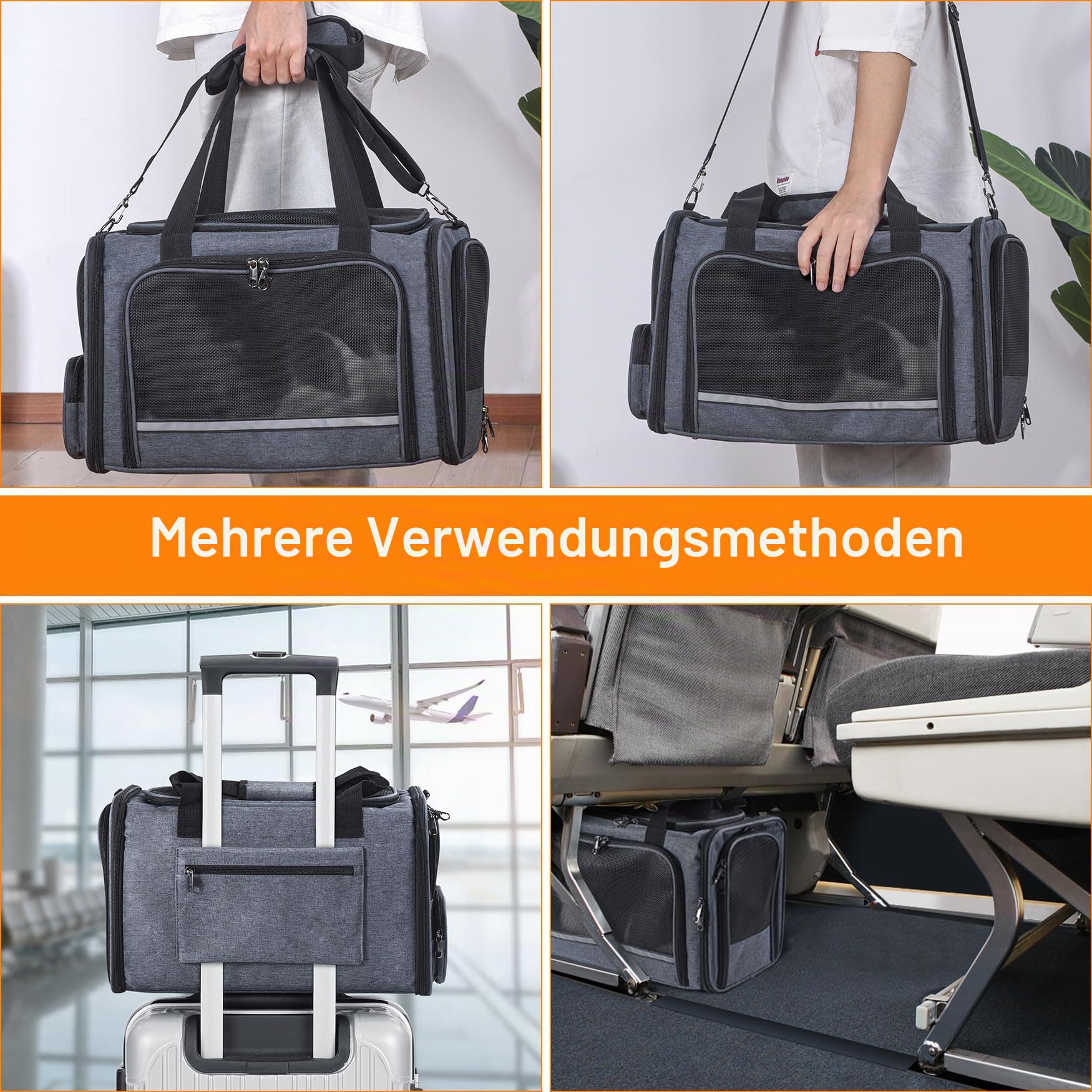 Katzentragetasche für Haustiere, von Flugzeug zugelassen, unter dem Sitz, TSA-Fluggesellschaften zugelassen, weiche Tragetasche für Katzen, Hunde, 44,5 x 21,6 x 27,9 cm, Grau