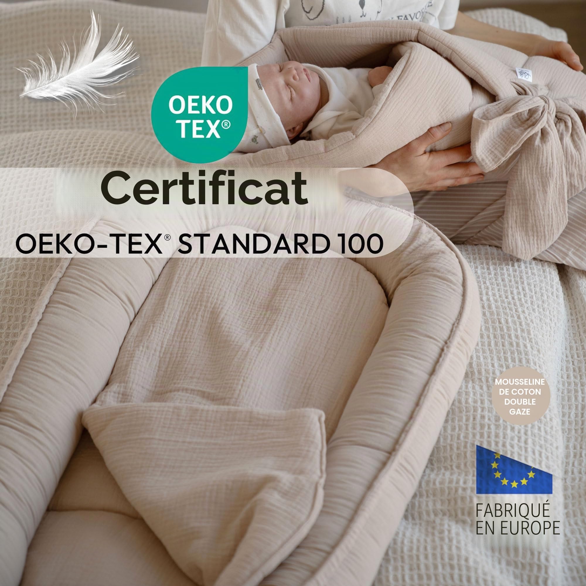 Réducteur de Lit Bébé 100x60 cm Cocon Nouveau-né Mousseline Douce Matelas Nid Bébé Coton Certifié Oeko-TEX Sommeil Sécurisé Berceau Lit Voyage Beige