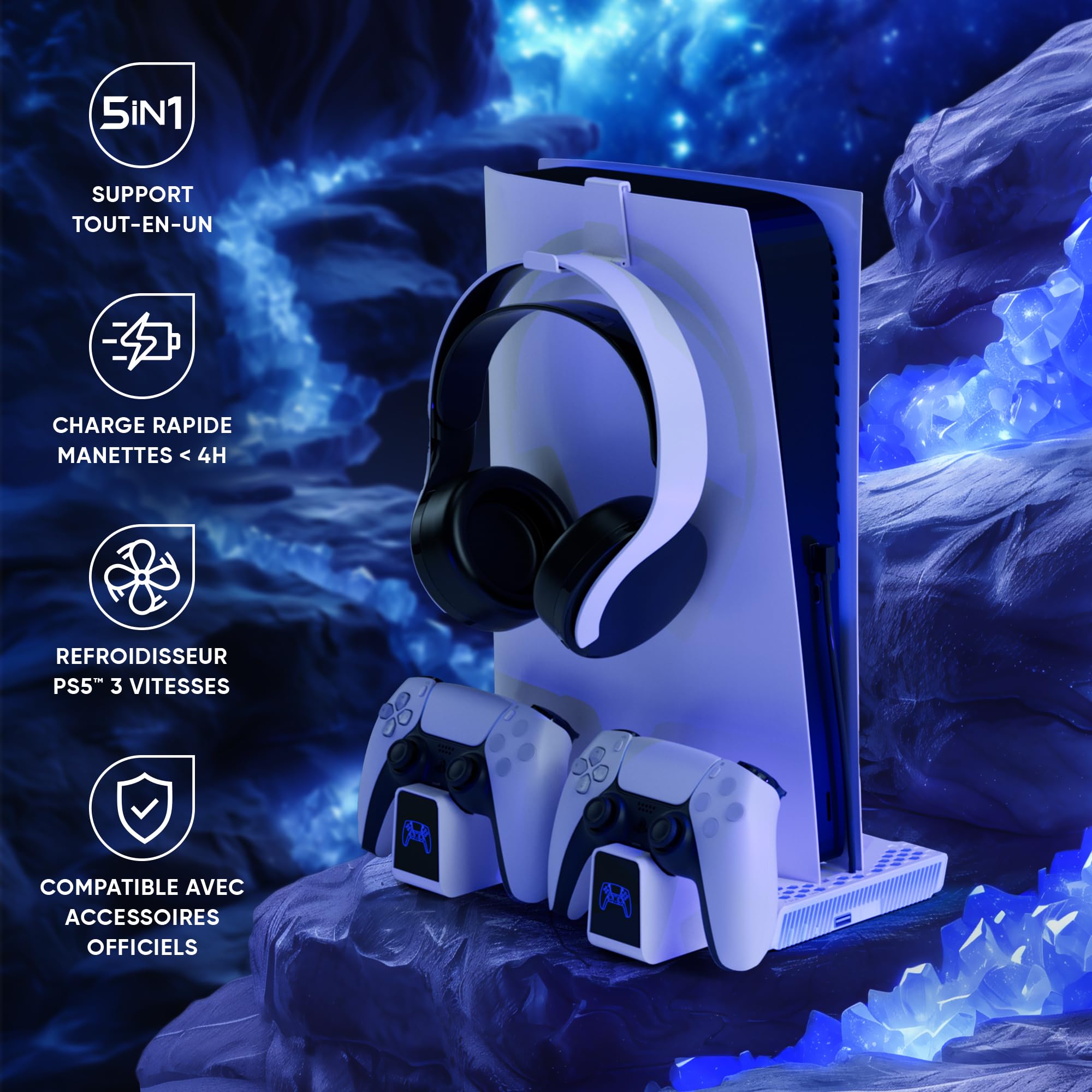 Support PS5/PS5 Slim - Station de refroidissement ventilateur à 3 vitesses, Double chargeur manette PS5 compatible DualSense, Support recharge casque et rangement accessoire 14 Jeux - Nexus 5