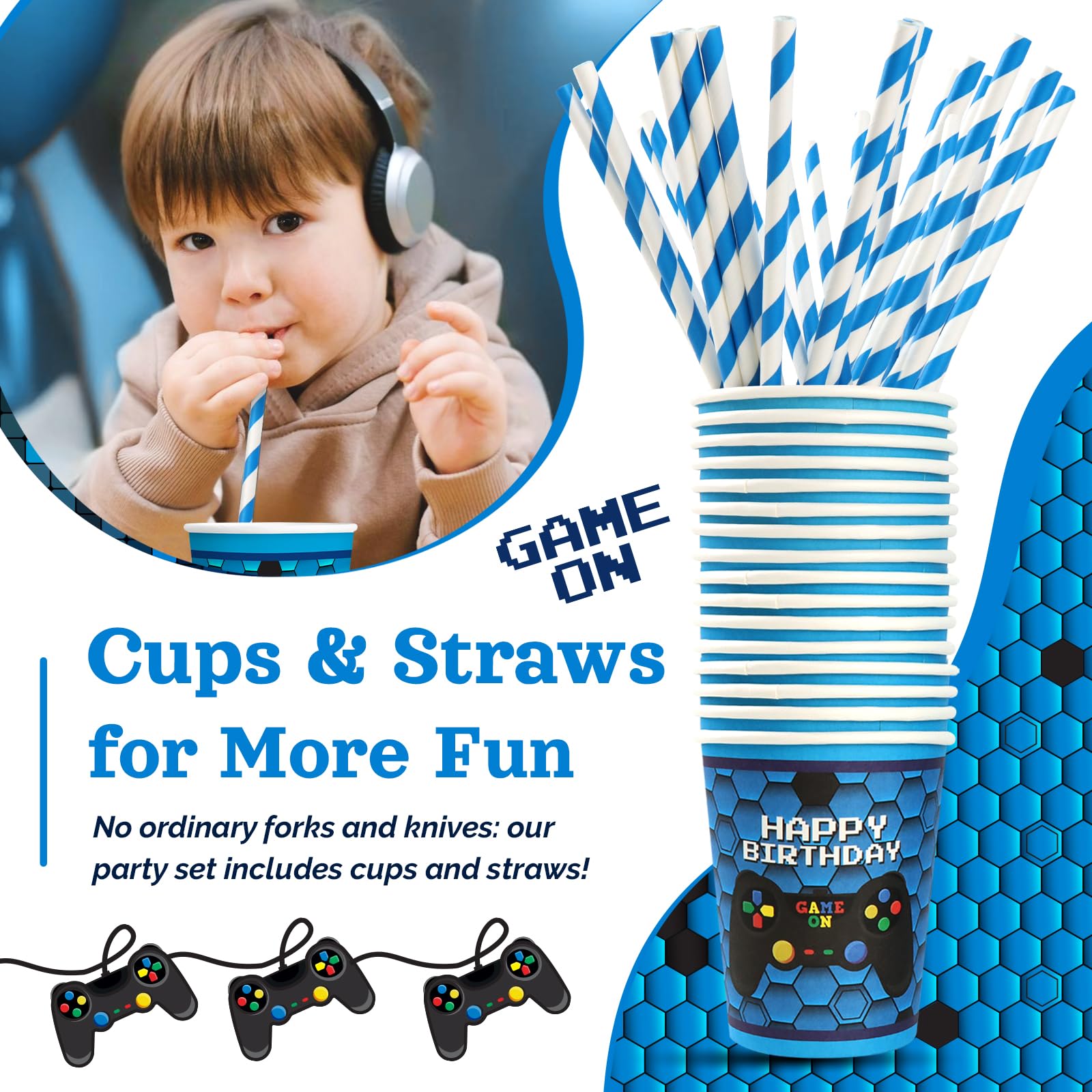 Decoraciones de fiesta de videojuegos, 120 piezas de suministros, vajilla desechable atractiva, incluye platos, servilletas, vasos y pajitas