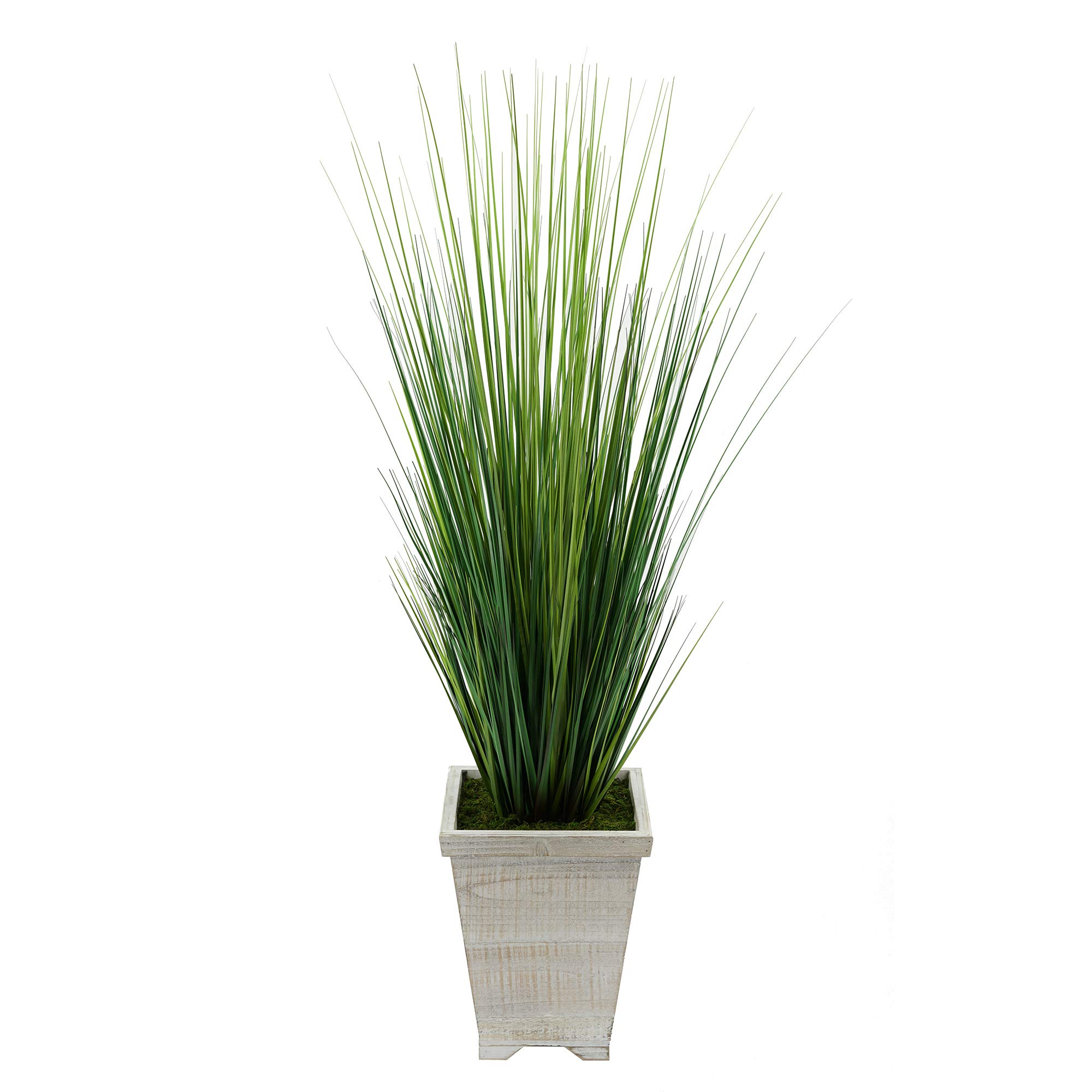 House of Silk FlowersArtificial 4ft PVC Grass in Washed Wood Planter (White-Washed)