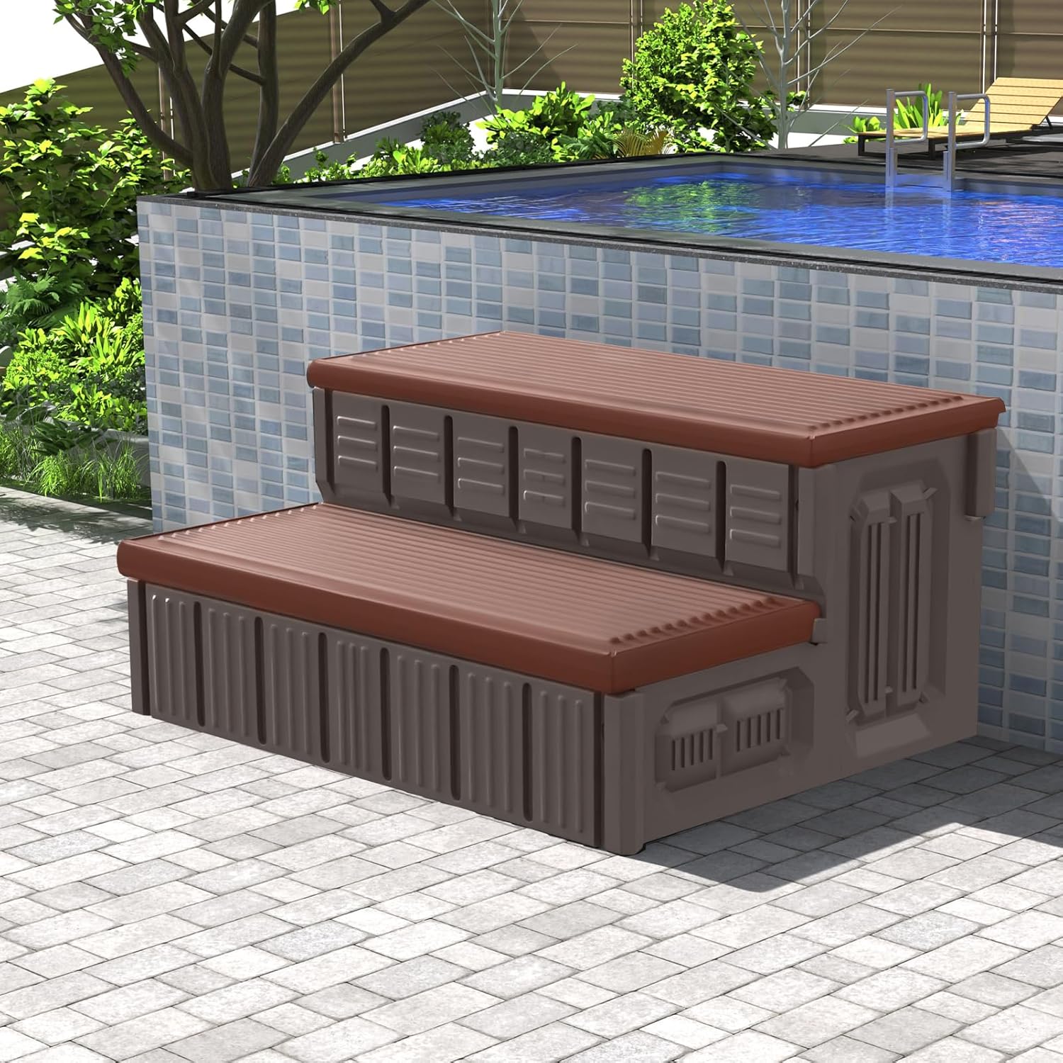 Hot Tub Steps, Outdoor Spa Steps with Storage, Non-Slip & Sturdy Hot Tub Stairs, 36 Inches Long, Coffee/Grey