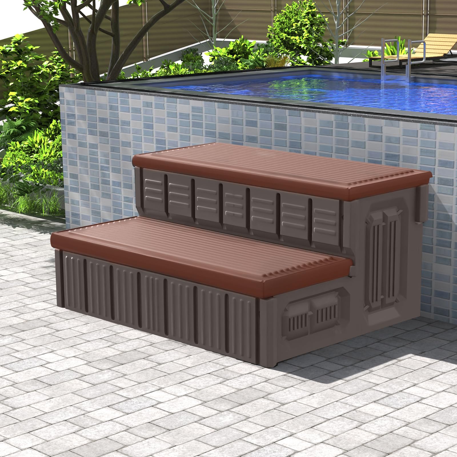 Hot Tub Steps, Outdoor Spa Steps with Storage, Non-Slip & Sturdy Hot Tub Stairs, 36 Inches Long, Coffee/Grey