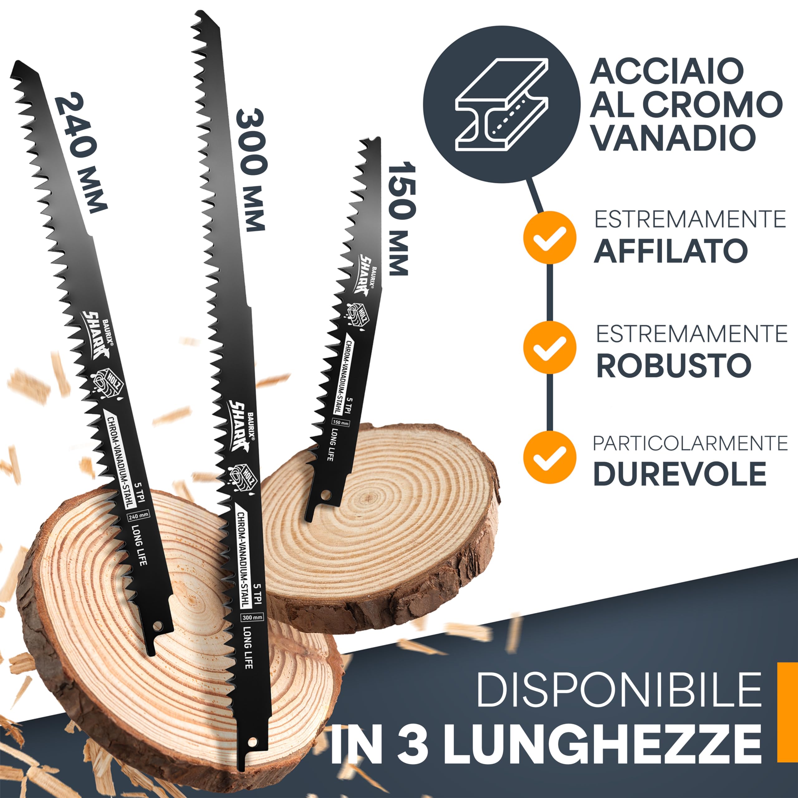 BAURIX® Lame per Seghetto SHARK® [5 Pezzi] - 240 mm - 5 TPI - Per Tagli Veloci e Puliti su Legno Grezzo, Umido, da Ardere e Vivo