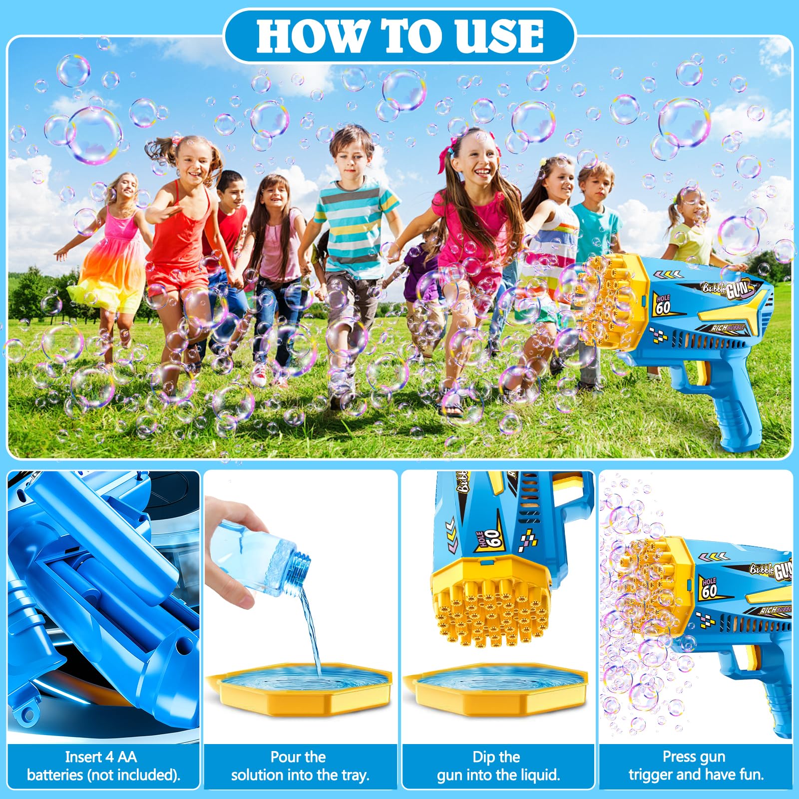 GMUFTIR Pistola de Burbujas, 2 Piezas Máquina Automática Pompas de Jabón, con 4 Botellas de solución, 10 Packs Solución de Recarga de Burbujas, para Niños, Adultos, Juguete de Verano — view 4