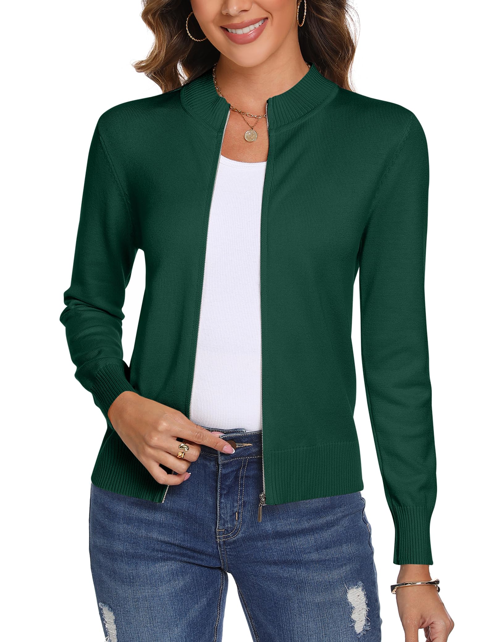 Aottori Strickjacke Damen Kurz mit Reißverschluss Strickjacken Cardigan Langarm Stehkragen Elegant Trachtenjacke Pullover Einfarbig Strickmantel Jacke Outerwear