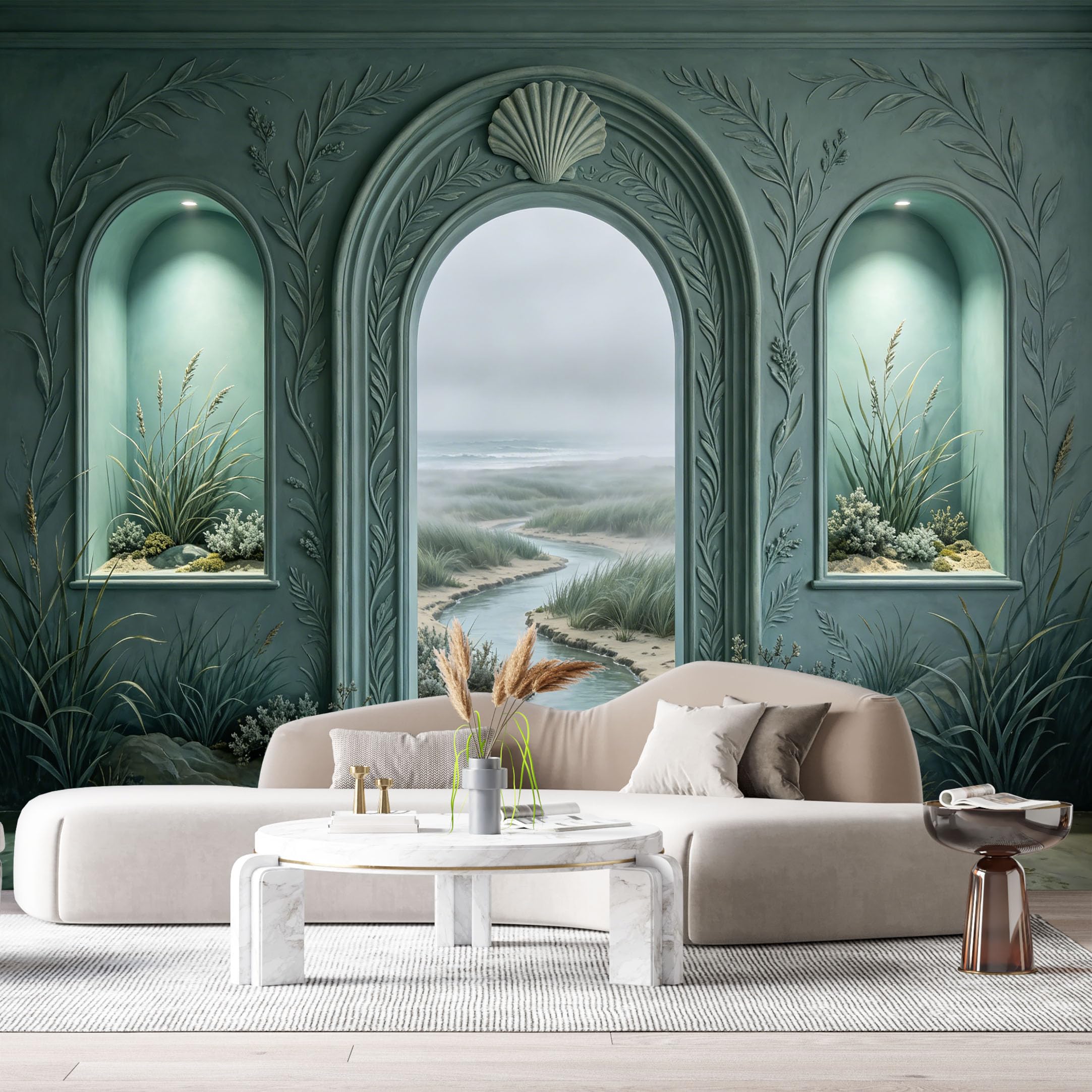 Custom Size Wall Murals Coastal Landscape Botanical 3D Trompe L'Oeil SelfAdhesiveWall Fabric Removable Wallpaper Wall Decor for Living Room Bedroom Bathroom