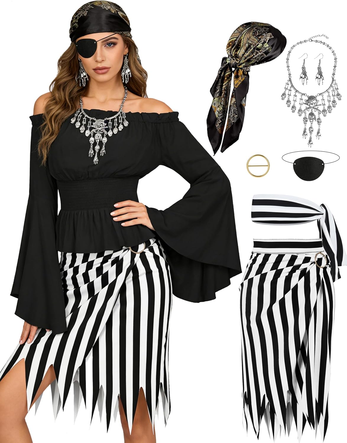 Angelaicos Womens Pirate Costume With Accessories Set Pirate Head Scarf Pirate Eye Patch for Women Halloween Cosplay Outfits