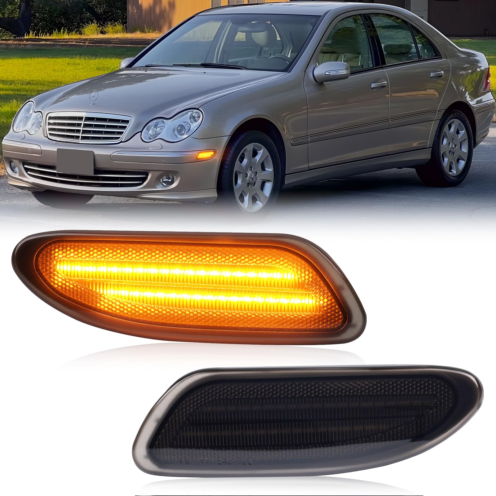 Gempro LED Side Marker Corner Lights for Mercedes Benz C230 2002-2007, C240 2001-2005 Amber Front Bumper Parking Lamps, 2PCS (Smoked Len)
