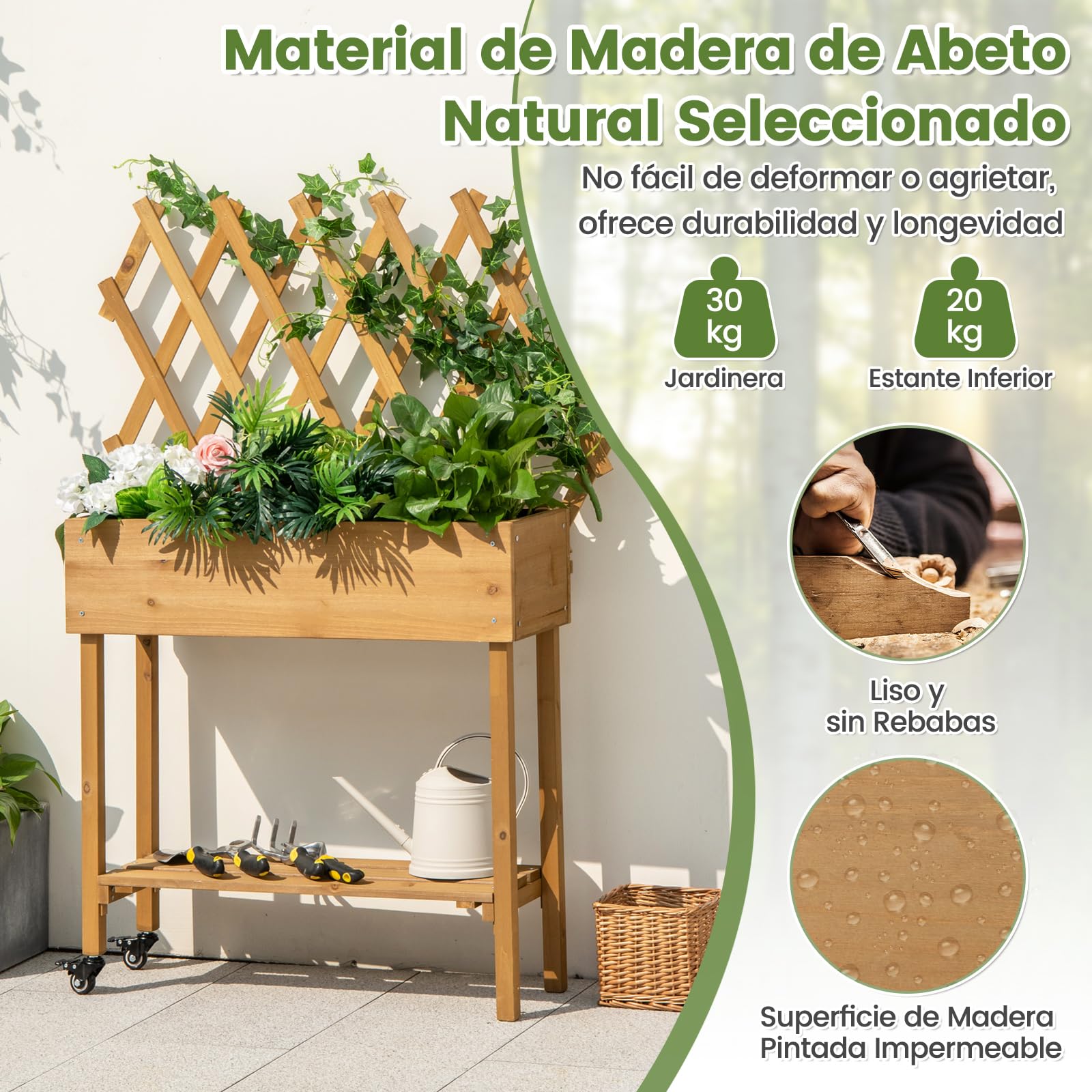 COSTWAY Huerto Urbano Elevado de Madera con Enrejado, Cama de Jardín Elevado Móvil con Ruedas Bloqueables, Forro de Tela, Jardinera de Plantas para Interiores y Exteriores, 90 x 29 x 129 cm