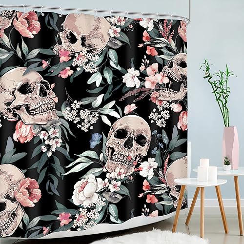 Miniatura 36 de Cortina de ducha con diseño de calavera negra y morado, de 60 pulgadas de ancho x 72 pulgadas de alto, esqueleto gótico gótico, polilla cruzada, C
