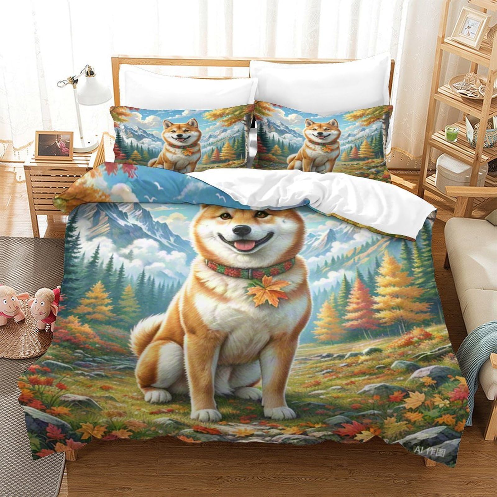 Parure de lit Shiba Inu 3D pour chambre d'enfant et ado adepte de douceur