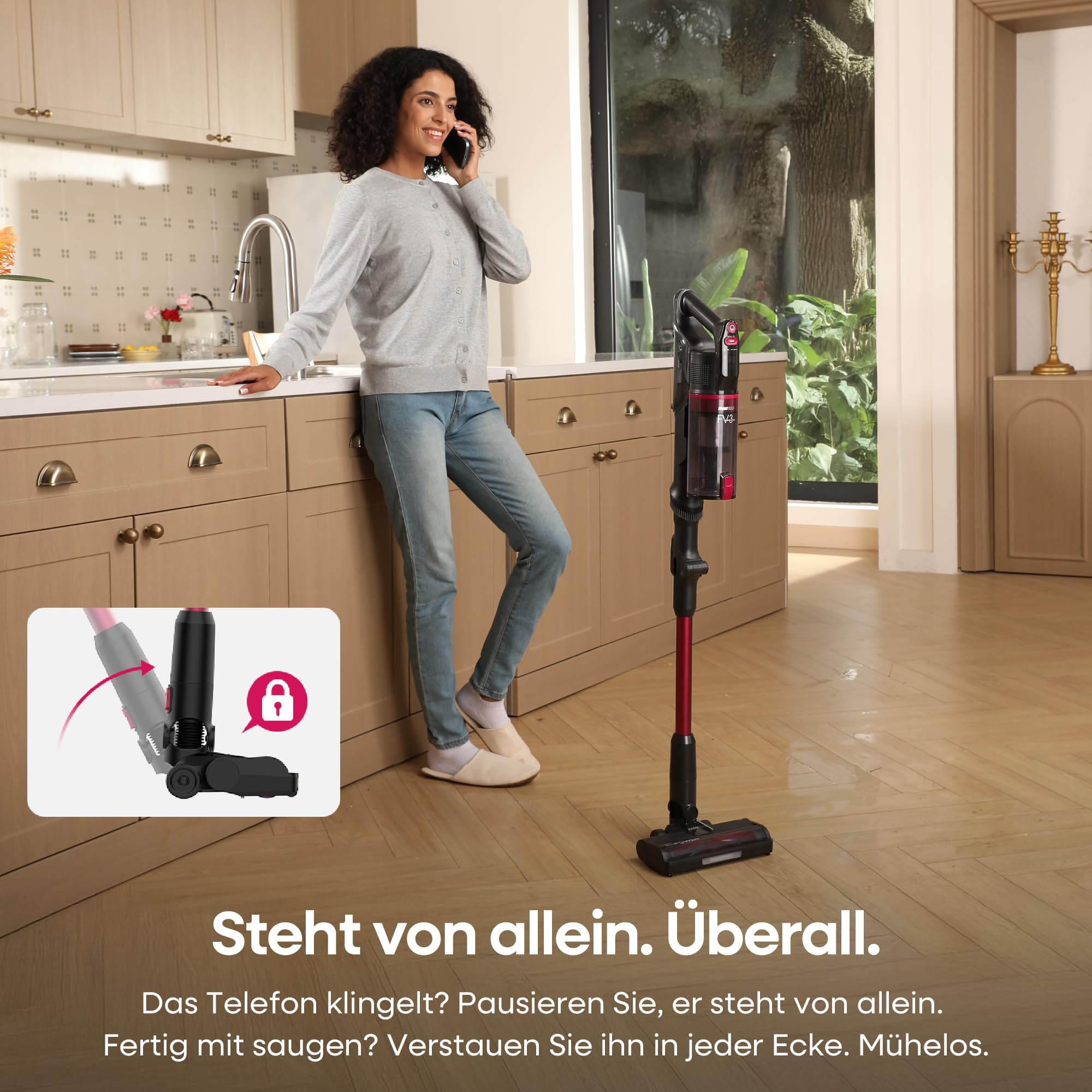 FAMIVAC FV3 Akku Staubsauger 60KPa/ 50Min/ 120㎡, Staubsauger Kabellos mit Knickgelenk-Rohr, Selbststehend, Grüne LED-Licht, Anti-Tangle-Bürste Akkustaubsauger für Hartböden/Teppich/Tierhaare/Auto