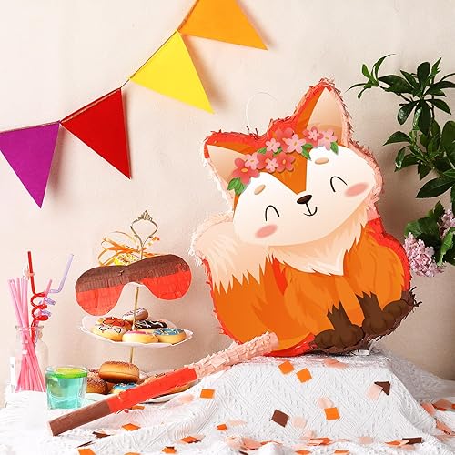 Miniatura 7 de Seematn Piñata para fiesta de cumpleaños de zorro, piñata con temática de bosque, incluye palo, venda para los ojos, confeti, suministros para