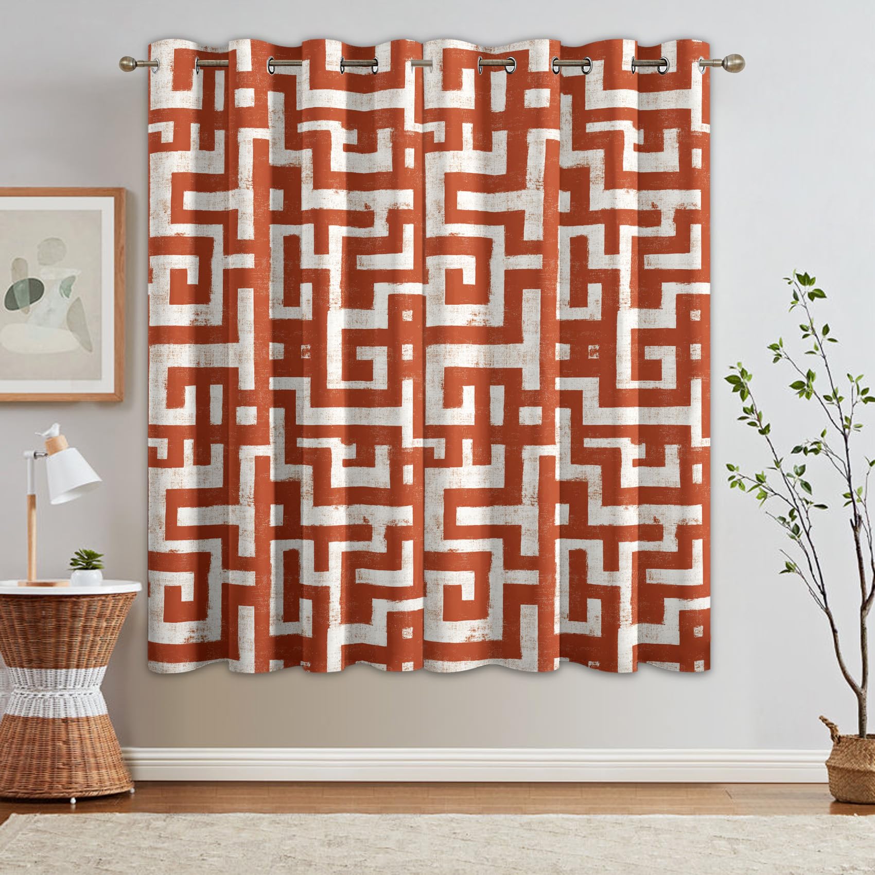Rideau Orange Rouille Terracotta Occultant Motif Abstrait Géométrique Rideaux Chambre Salon Cuisine Fenêtre 140 x 300 cm, Oeillets Rail Rideaux Occultants Thermique