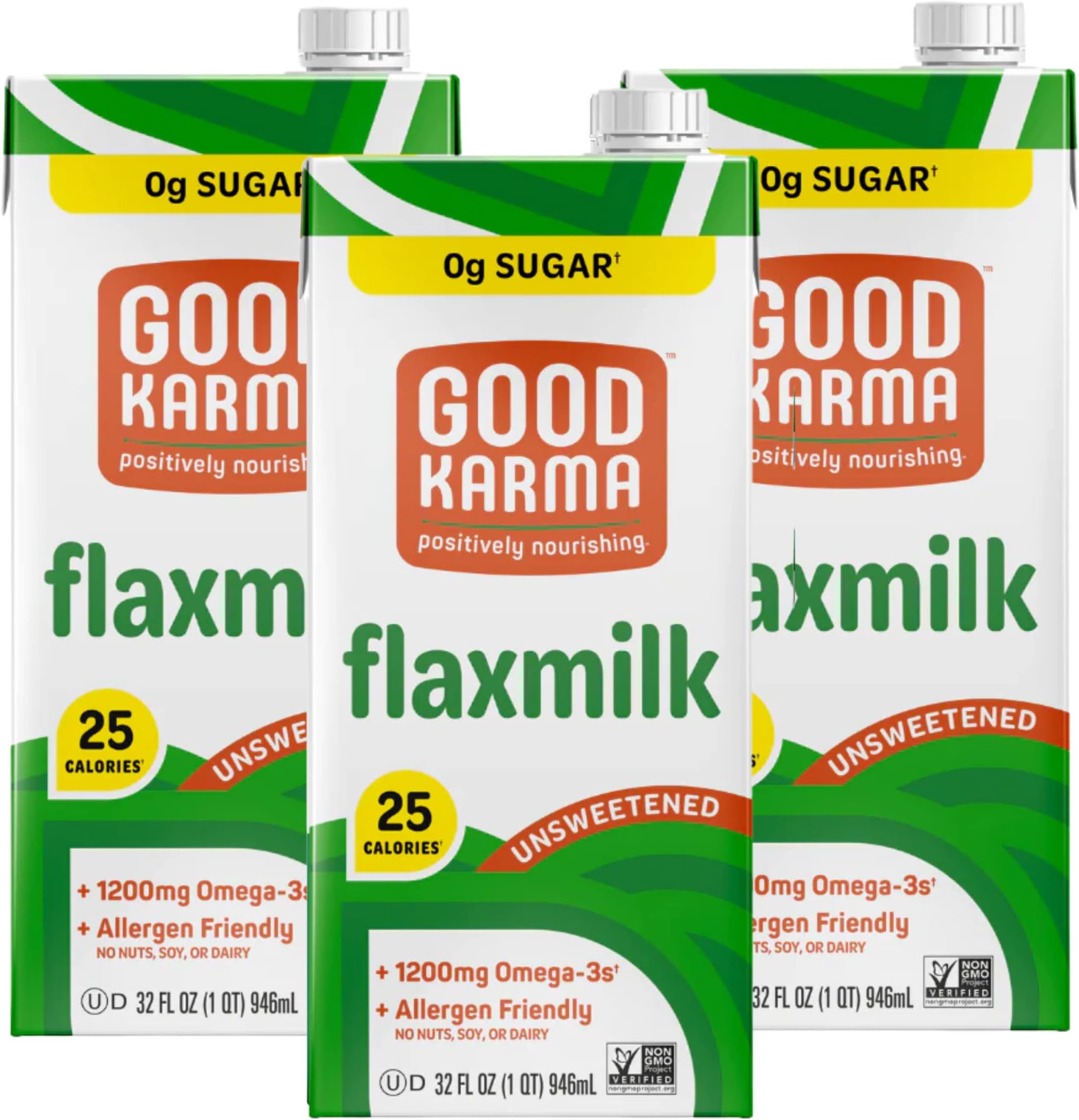 Good Karma Unsweetened Flaxmilk, 32 Ounce (Pack of 3), 0g Sugar + 1200mg Omega-3 Per Serving, Plant-Based Non-Dairy Milk Alternative, Lactose Free, Nut Free, Vegan, Shelf Stable