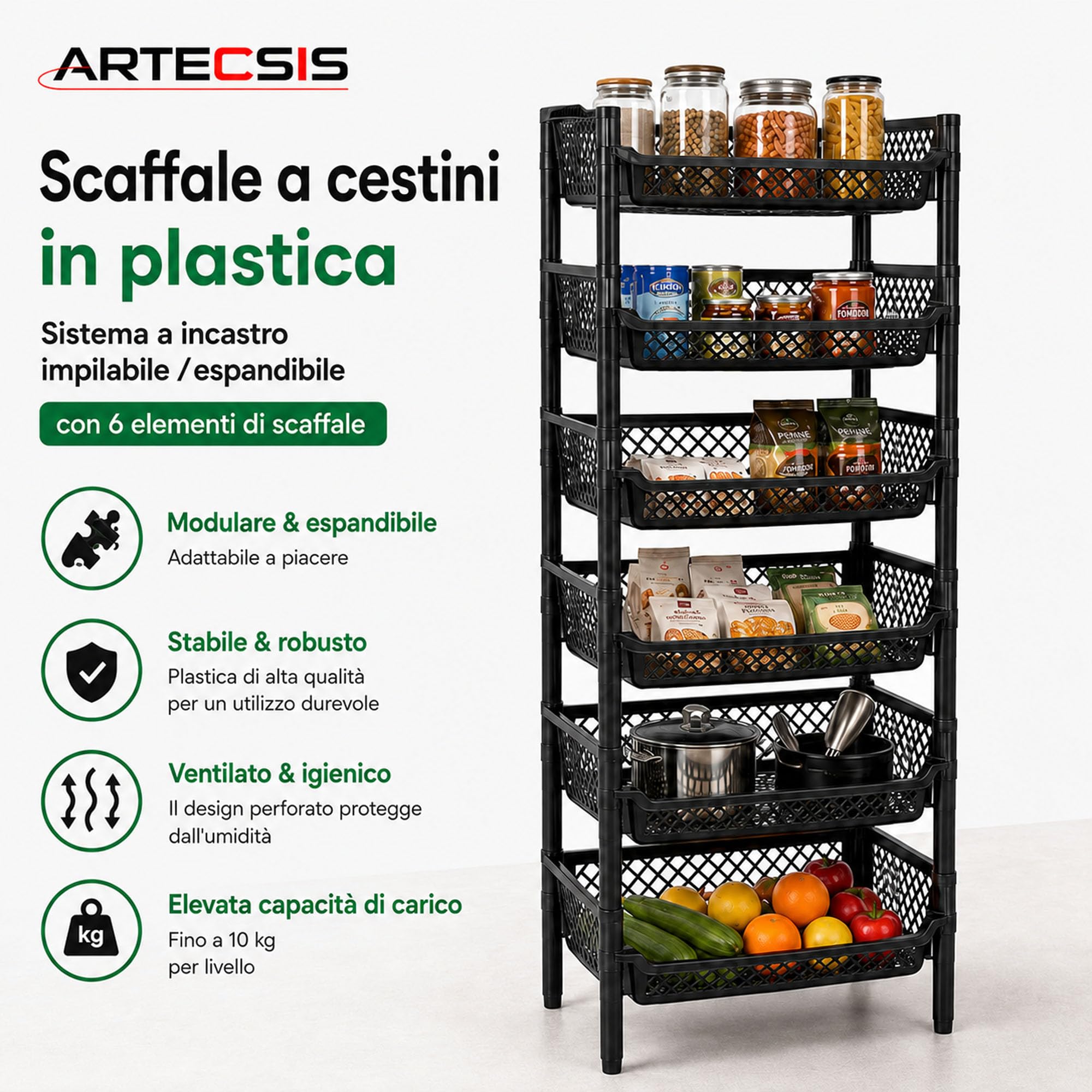 ARTECSIS Scaffale in plastica a 6 livelli 120x50x40cm, nero/max 10Kg/caso