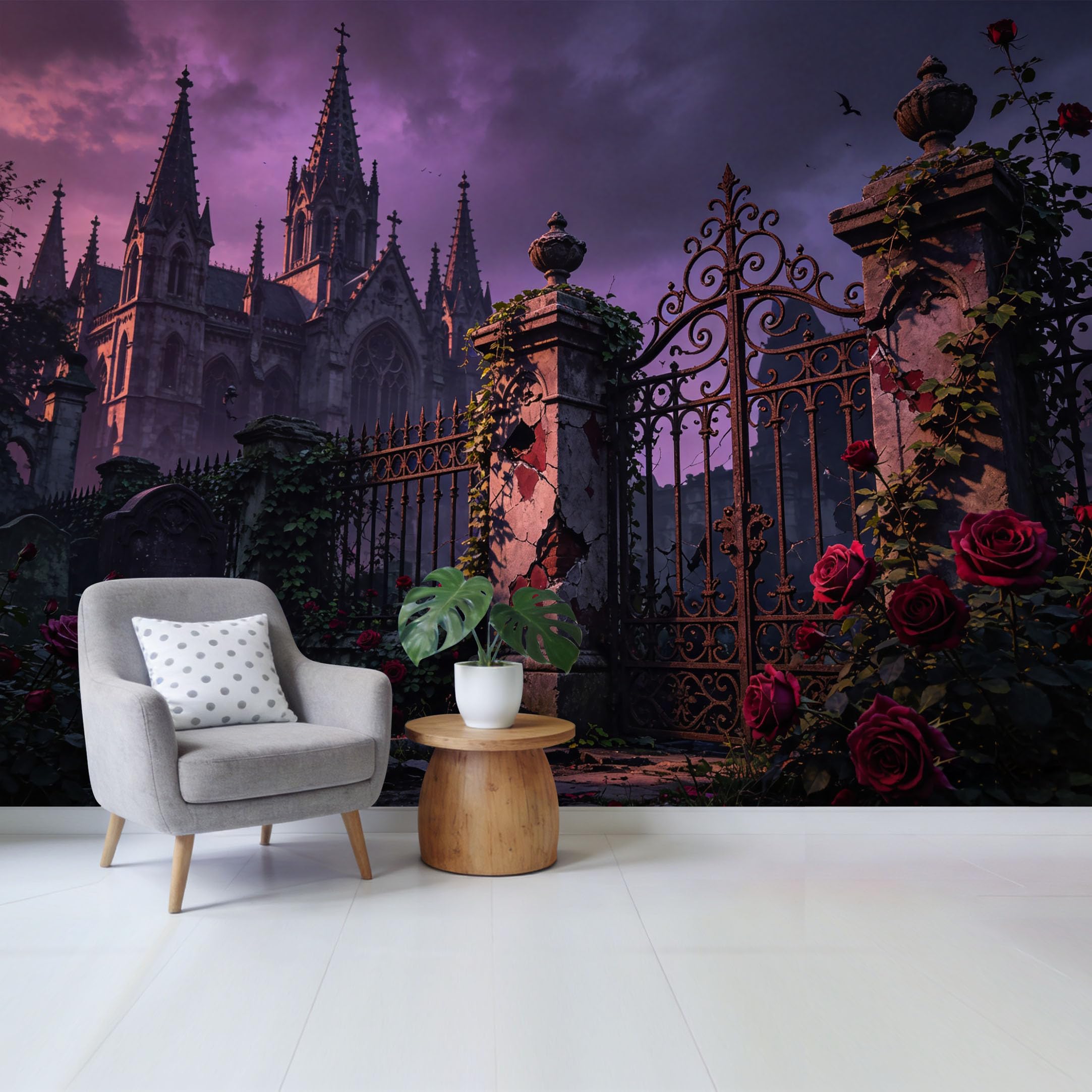 Qzlithotic Yq2605250015 Custom Size Wall Mural Gothic Cathedral Iron Gate Red Roses Landscape Oil Painting Selfadhesive Wall Fabric Removable Wallpaper For Home Office Decor