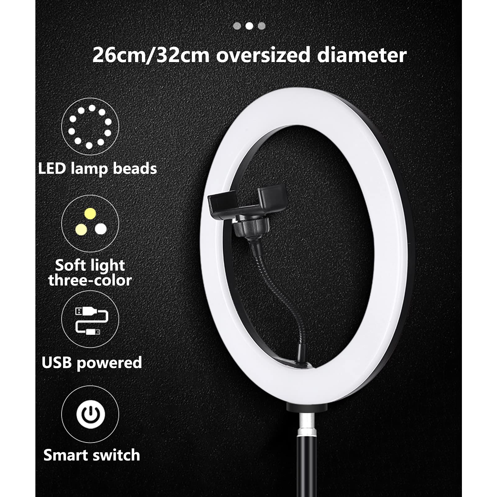 Treppiede con luce di riempimento per selfie, luce per fotografia ad anello dimmerabile con 3 modalità colore, supporto per telefono cellulare per video, trucco (dimensioni : 26 cm di luce) (32 cm