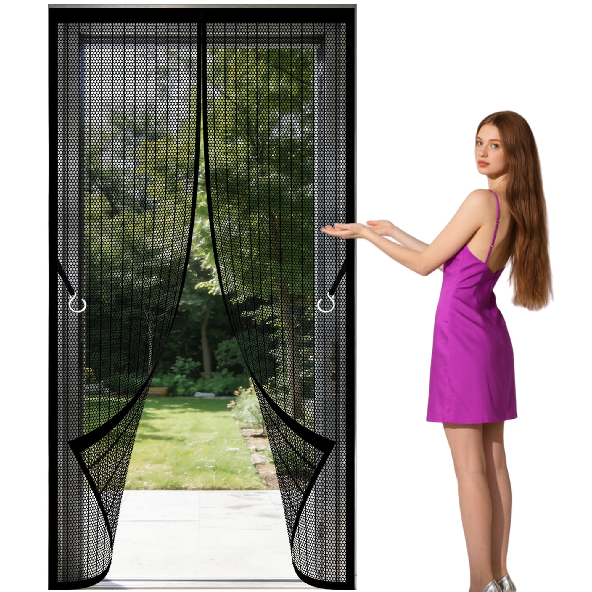 Polyester Magnetic Door 87 x 209 cm No Drill Installation Anti Mosquito Mesh Fly Curtain Keeps Bugs Out for Living Room, Bedroom, Patio, Black