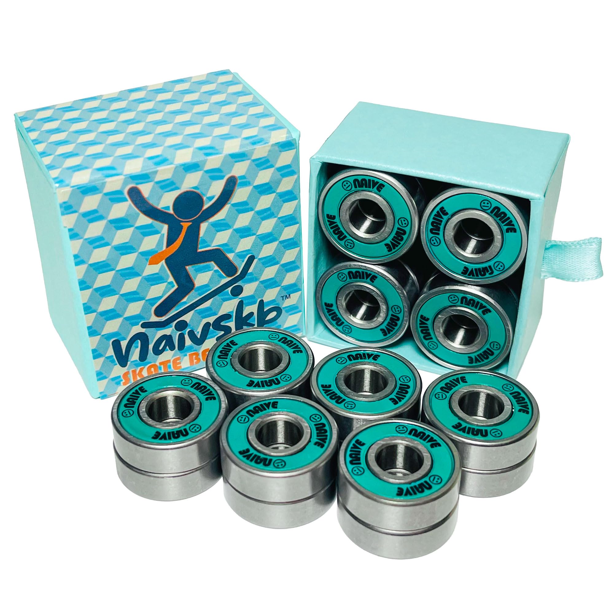 Naivskb Skate Bearings 8mm 16 Pack, Stainless Steel 608 Bearings Quad Inline Skates Roller Derby Skateboard Longboard Scooter(Ocean Green)