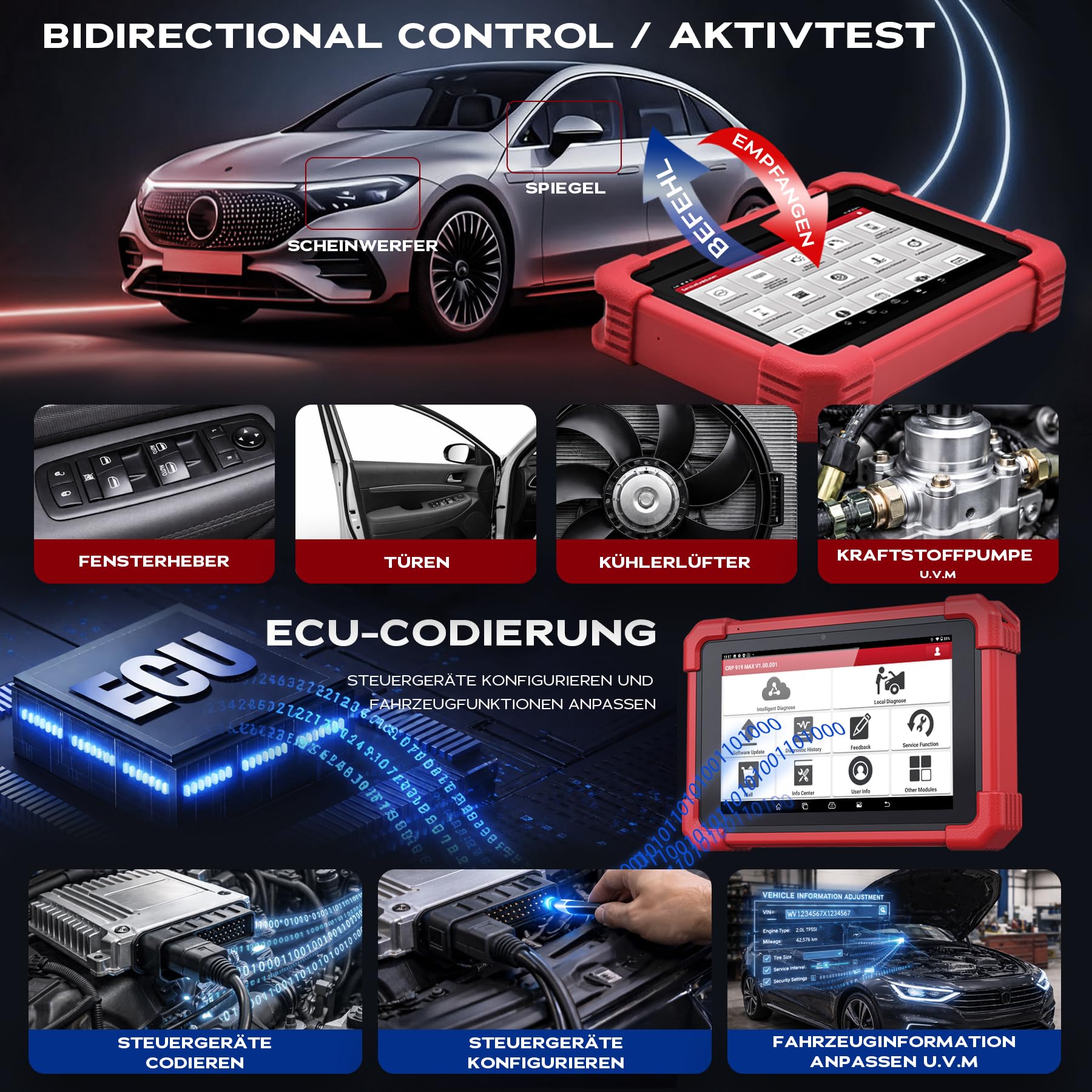 LAUNCH EUROPE CRP 919 MAX OBD2 Diagnosegerät Auto für alle Fahrzeuge, Fehlerauslesegerät KFZ, Alle System Auslesegerät alle Marken, 31+ Servicefunktionen Öl/EPB/DPF/Batterie, ECU-Kodierung, CANFD DoIP