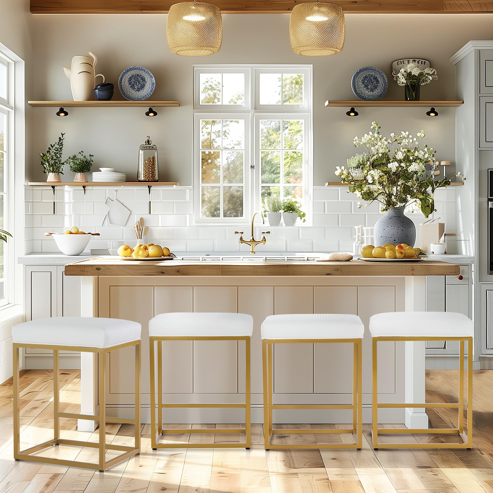 PHI VILLA White and Gold Bar Stools Set of 4-24 Inch Backless Bar Stools Metal Steel Frame Base with Footrest, Counter Height Bar stools