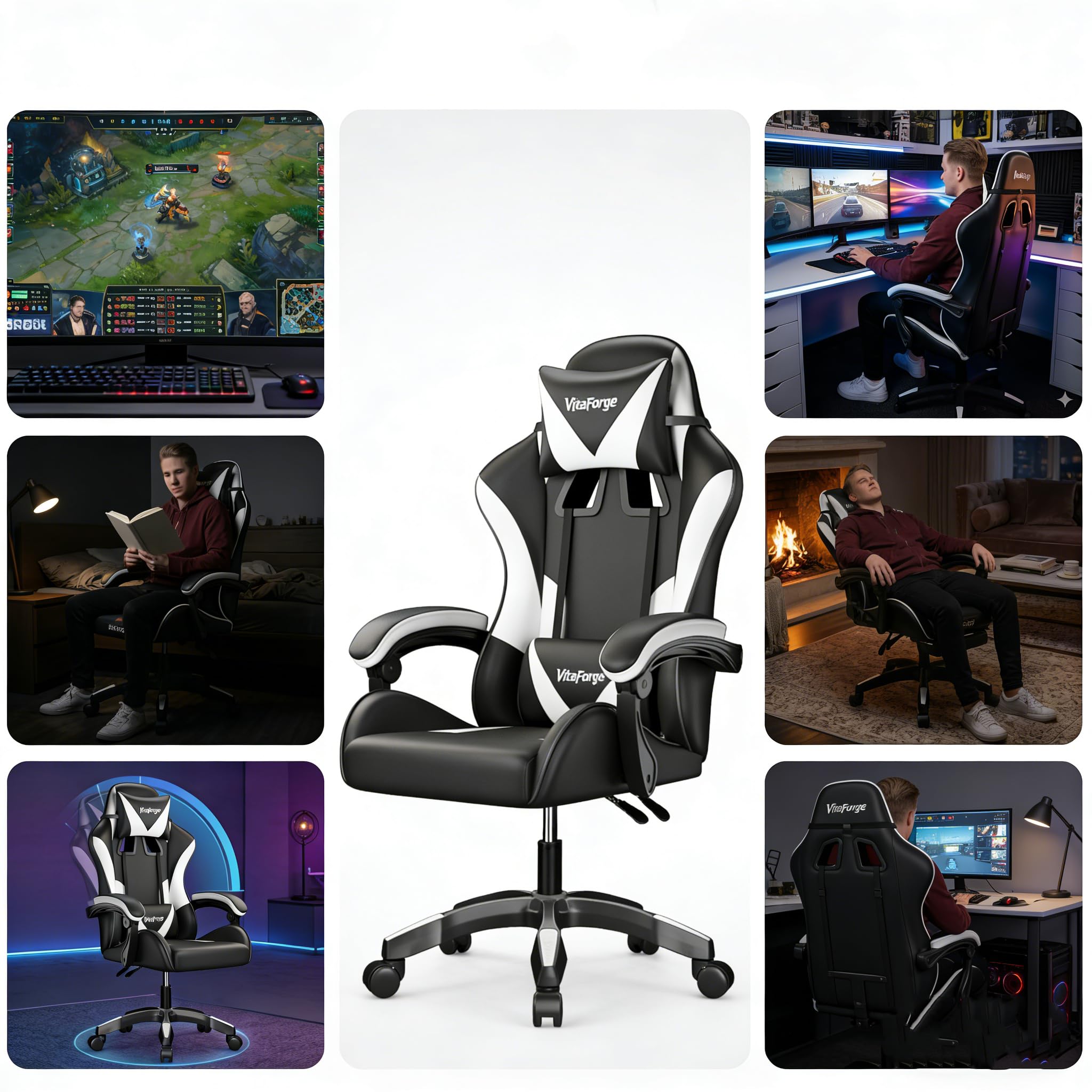 Fauteuil Gaming Fauteuil Bureau, Chaise de Jeu Ergonomique avec Réglable en Hauteur, Support Lombaire et Appui-tête - Cuir PU, pour Le Bureau ou Le Jeu (Noir et Blanc)