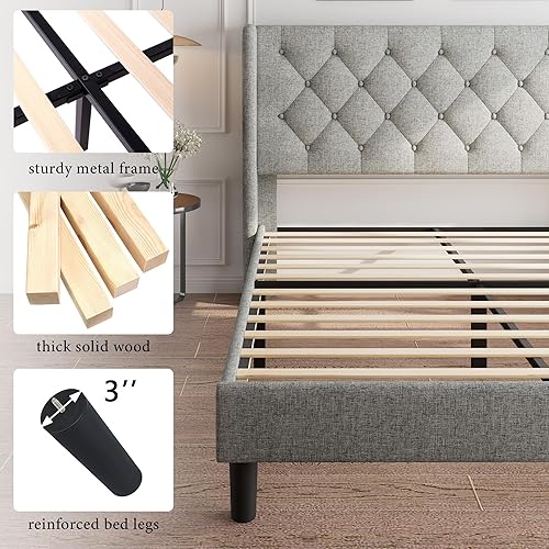 Miniatura 7 de iPormis - Base de cama tapizada con respaldo de alas completo base de cama capitonada con botones con cabecero base de colchón con listones de