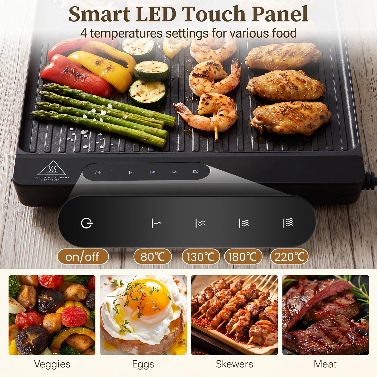 LIFEZEAL Plancha eléctrica fina 1300 W, parrilla eléctrica antiadherente con asas y pies plegables con superficie mixta, panel táctil LED y termostato ajustable, parrilla de mesa para picnic y camping