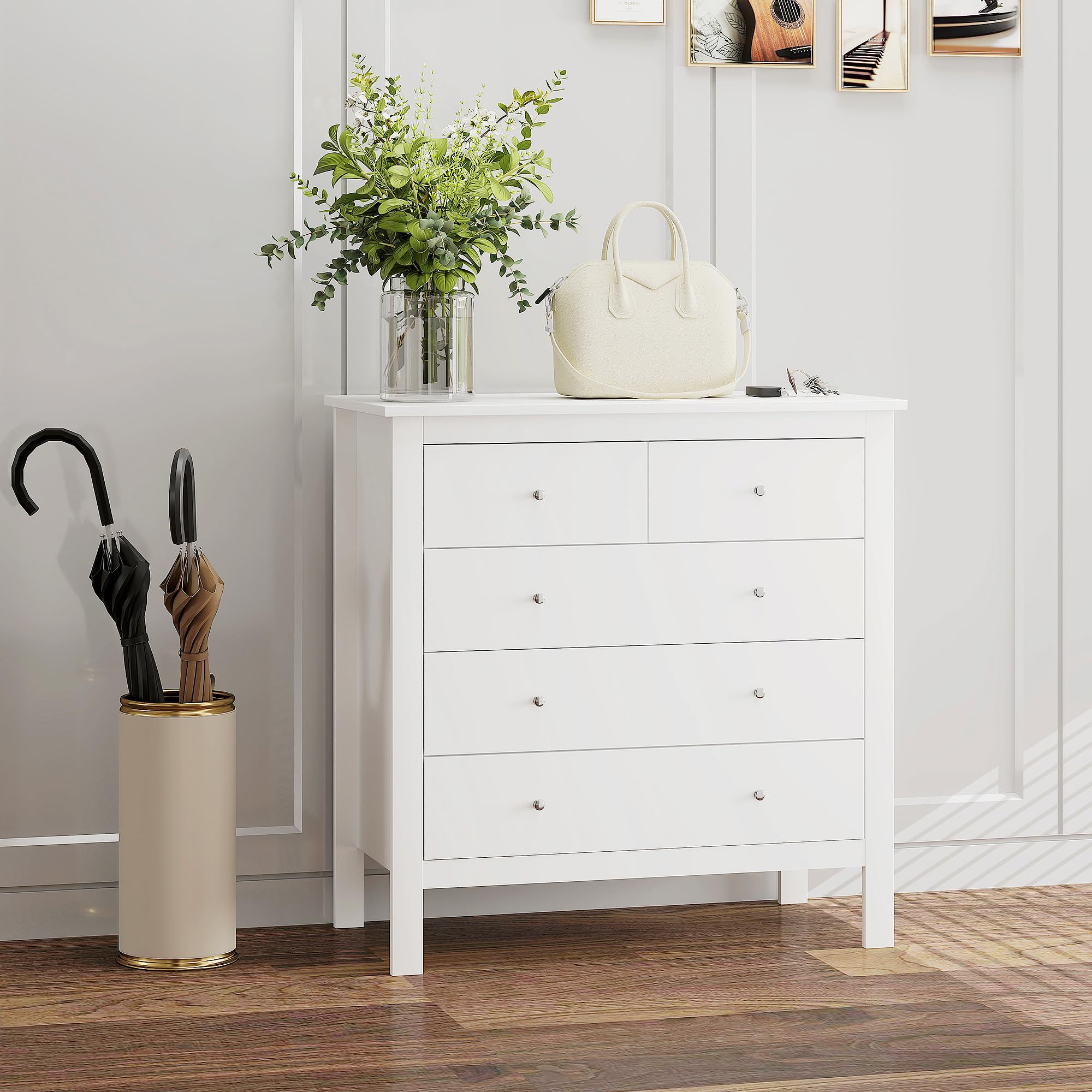 HOMCOM Cassettiera Cassettiera da Camera in Legno 79x39.5x80.5 cm Bianco | Con 2 Cassetti Piccoli e 3 Cassetti Grandi