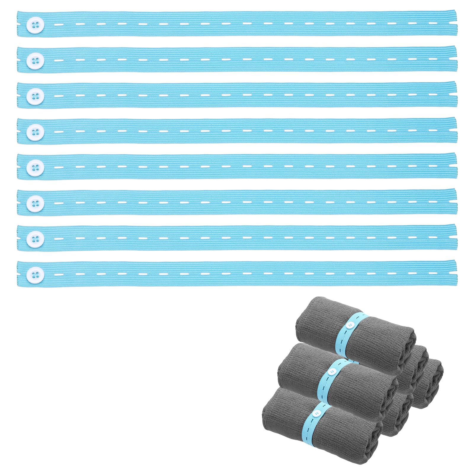 sourcing map 15Pcs Roll-up Clothes Storage Elastic Band, Adjustable Clothing Storage Strap with Button Travel Luggage Space Saver for Drawer Closet Bedsheet Towel Pants, Lake Blue