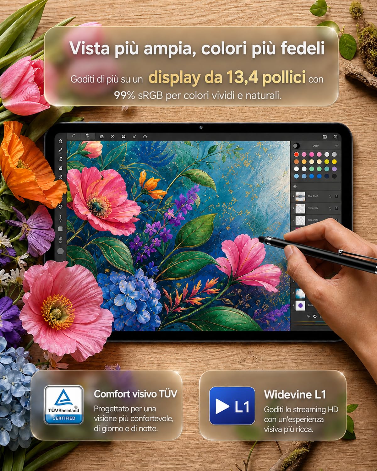 TABWEE Tablet 13,4 Pollici con Tastiera, Android 16, 24GB+256GB | Dallo studio allo smart working senza pause: 120Hz, mouse, penna e batteria da 10000mAh seguono ogni idea e progetto.