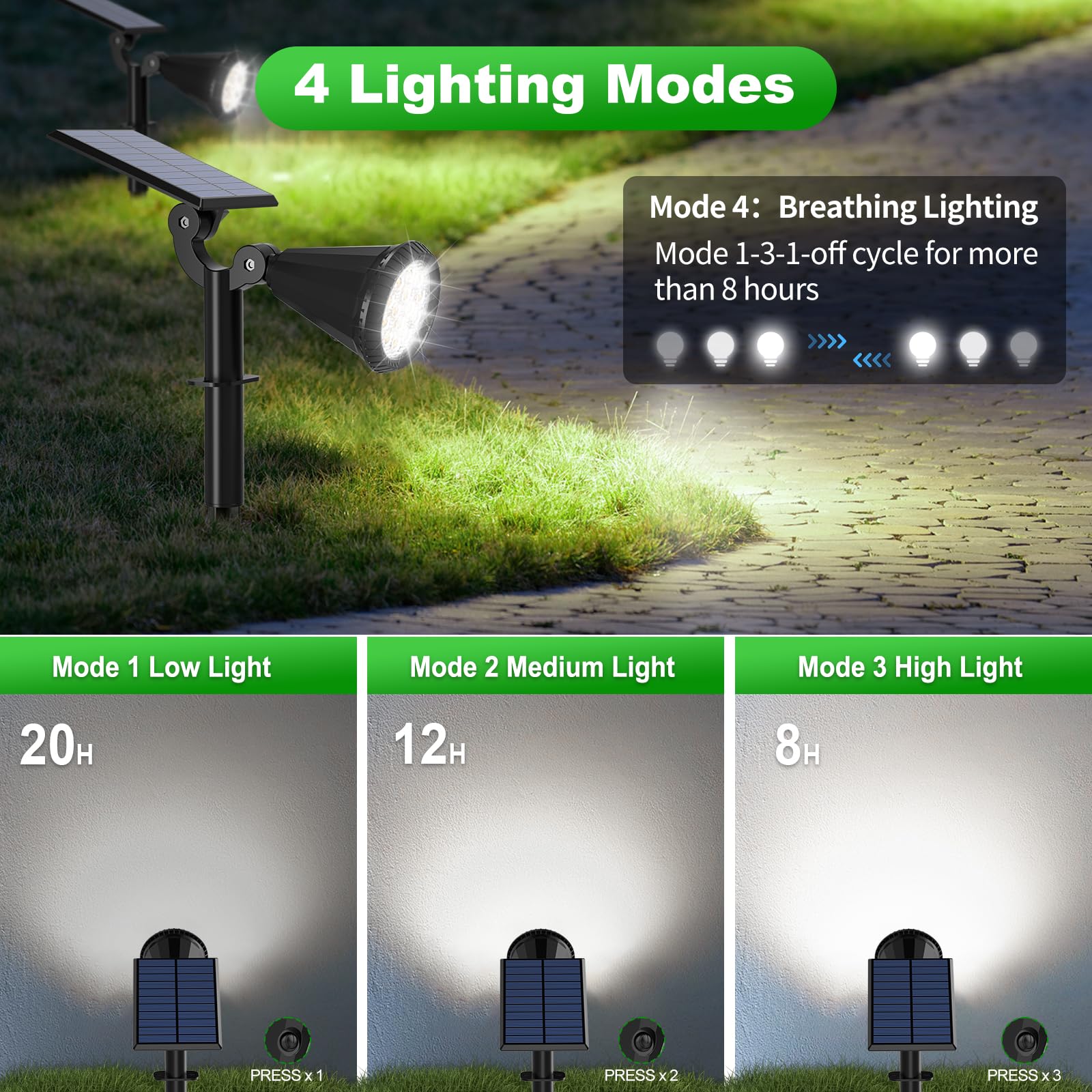 Tadyreal Luci solari per esterni, impermeabili, regolabili a 180°, per cortile, 4 modalità di illuminazione, faretti ad energia solare, per vialetti, giardini, pareti esterne, piscina, portico