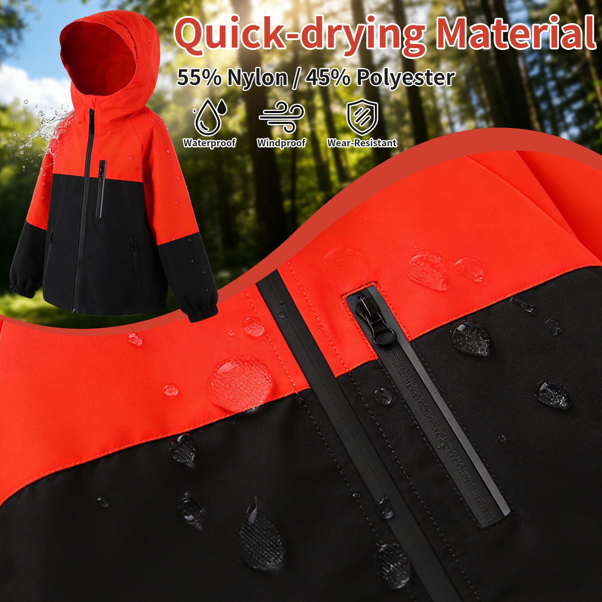 Veste Enfants, Manteau Imperméable avec Bandes Réfléchissantes et Poches Zippées, Léger Capuche Blouson Coupe-vent, Filles Garçons Vêtements D'extérieur de Pluie École pour Âge 5-13