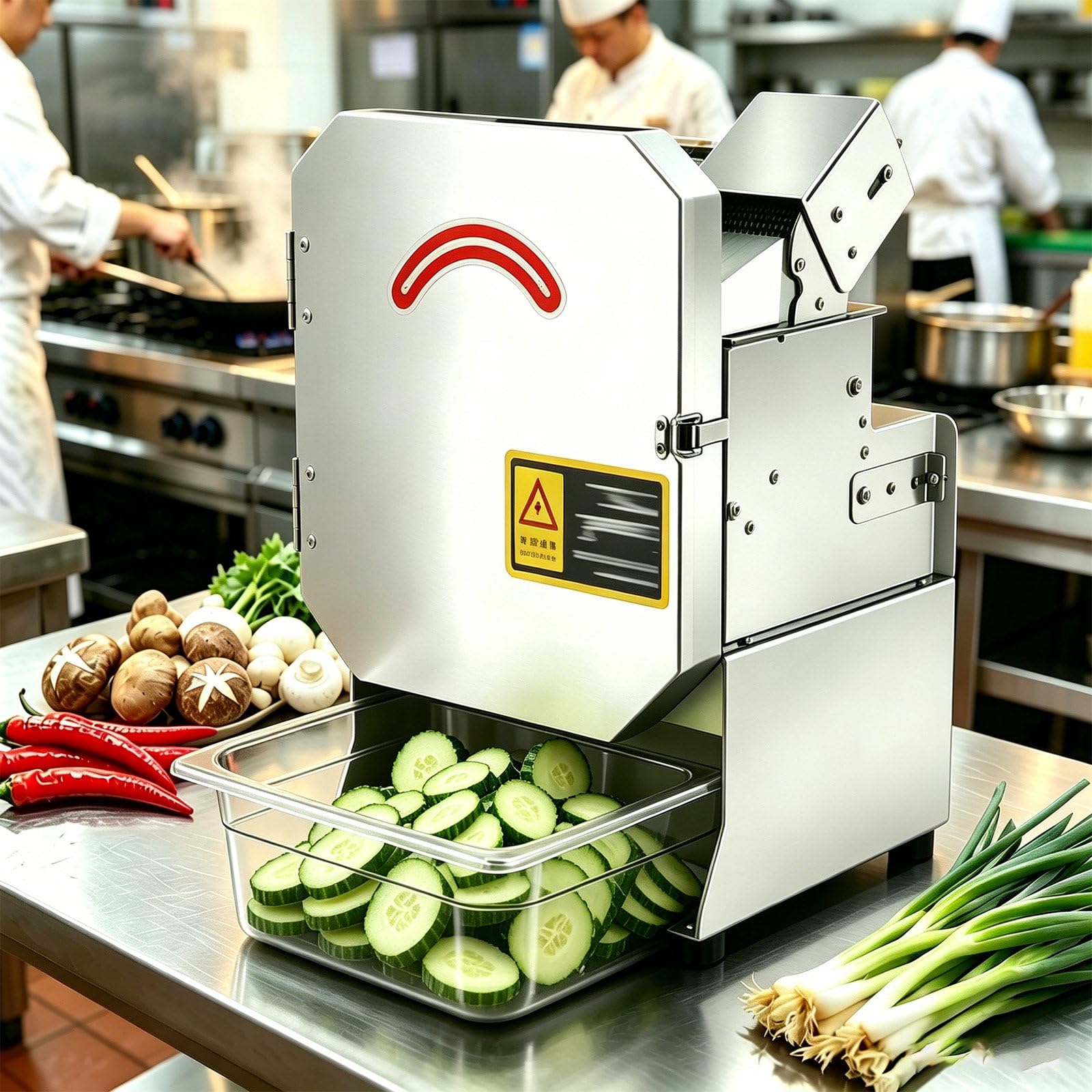 SOTIKARERY 200W Stainless Steel Electric Vegetable Slicer - Automatic Scallion Chopper Thickness Adjustable 1.5-35mm, 150kg/h Output, 70mm Auto-Feed Conveyor for Commercial Kitchen