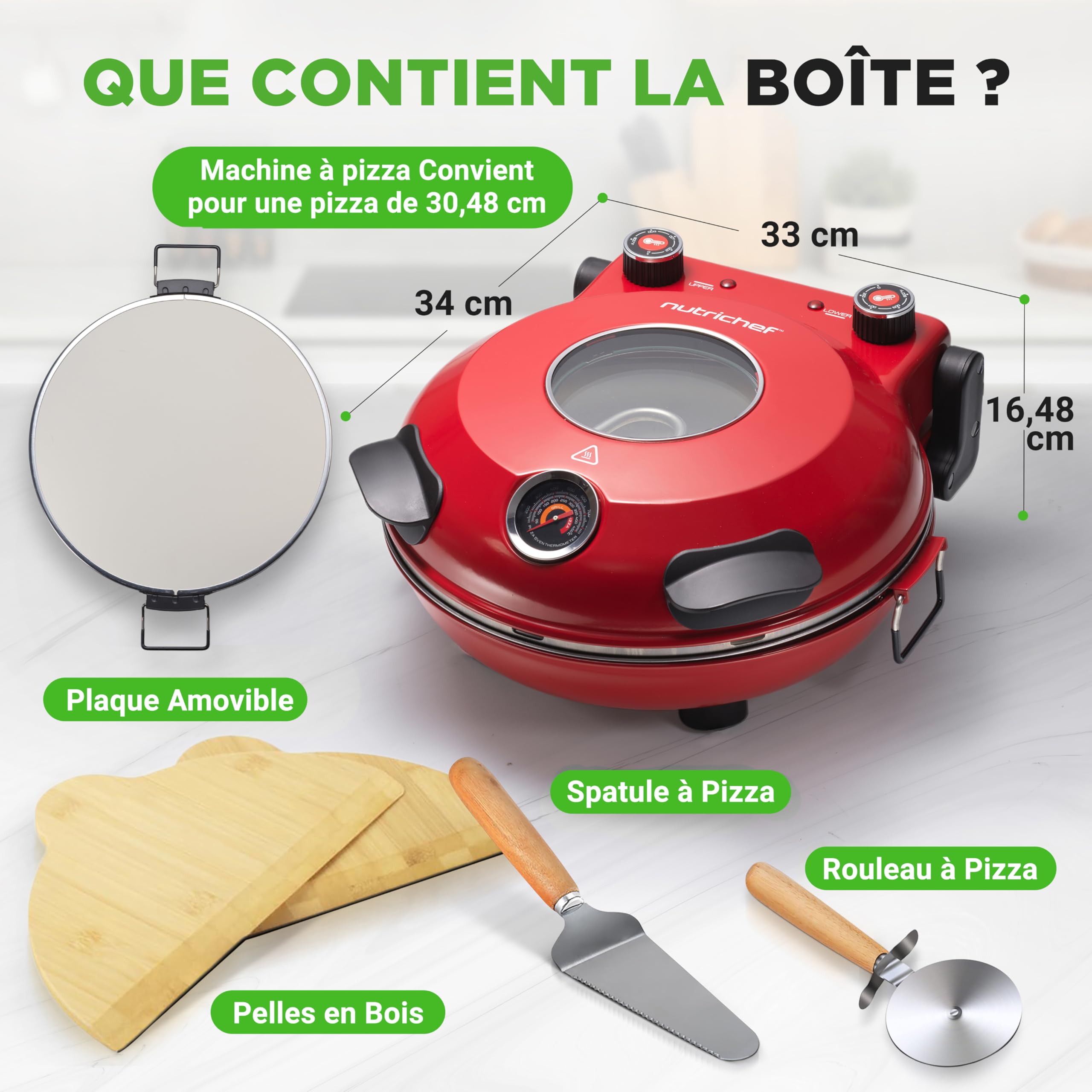 NutriChef Four à Pizza Électrique – Pierre à pizza Ø30 cm avec Thermostat et Thermomètre | Chauffe Jusqu’à 425°C | Cuisson Rapide | Fenêtre de Cuisson | Facile à Nettoyer - Rouge