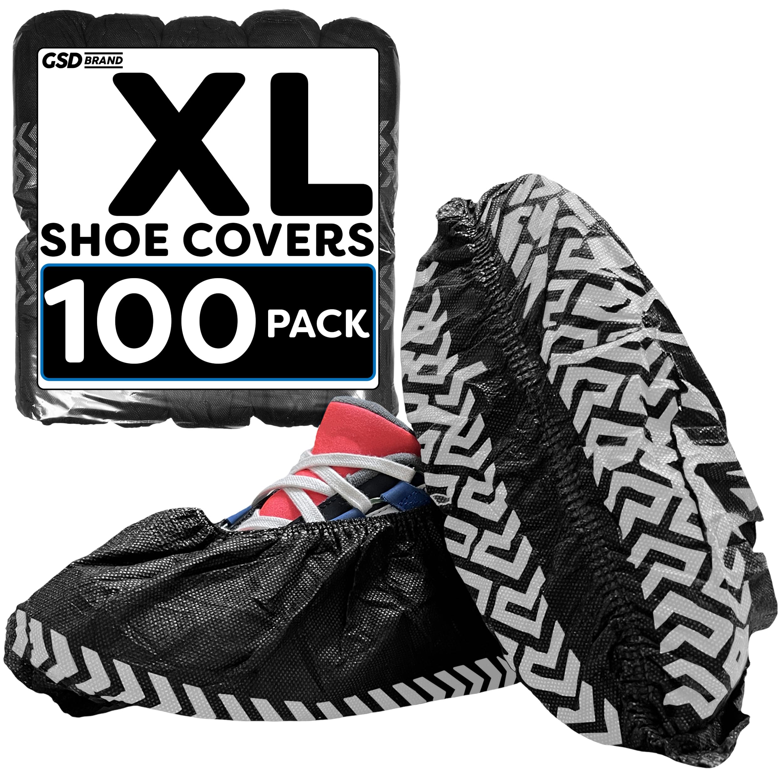 GSD Brand 100 Pack Extra Large Black Shoe Covers Disposable. Non Slip Indoor Reusable Boot Covers. Booties with Non Skid Treads. Fits US Men's Size 14
